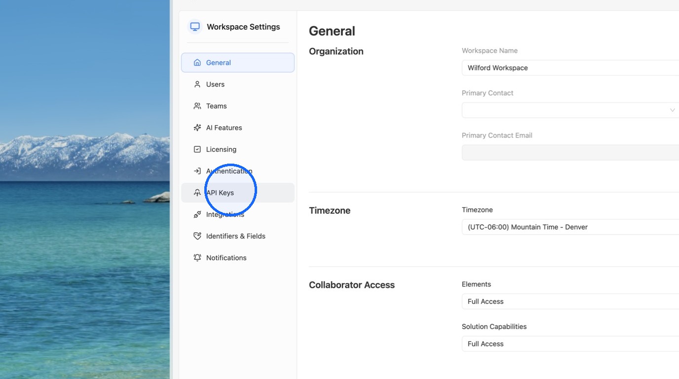 Navigating to the API Keys section of Workspace Settings