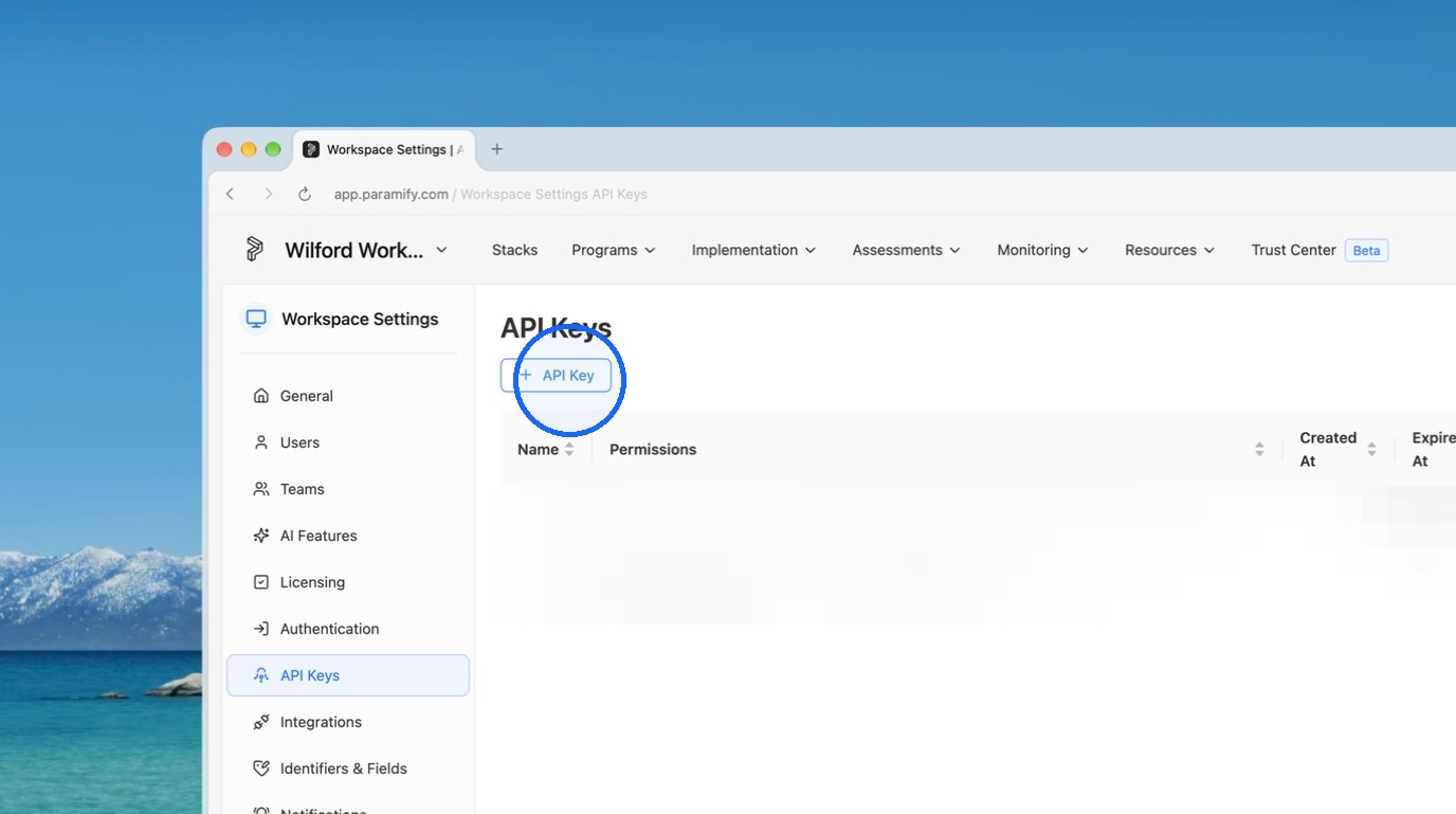Clicking the plus API Key button