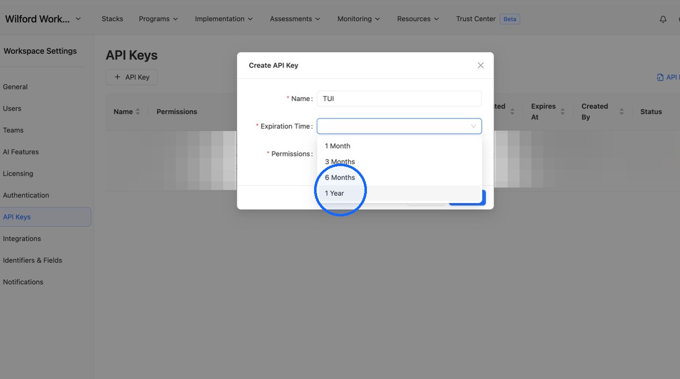 Selecting an expiration time for the API key