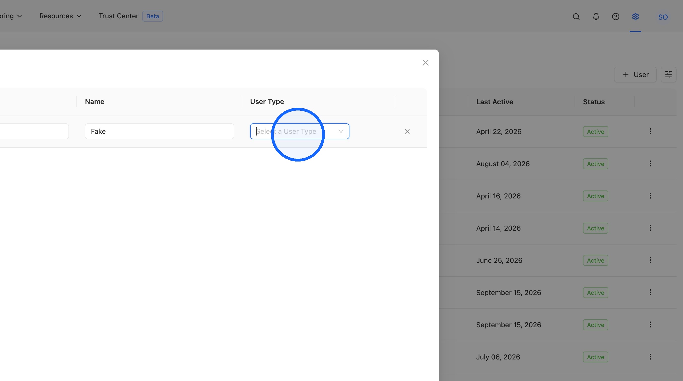 Opening the User Type dropdown