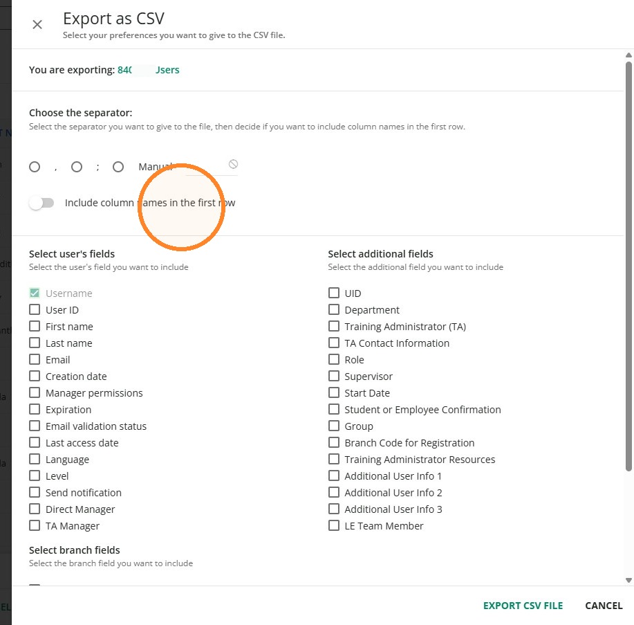 Select export fields