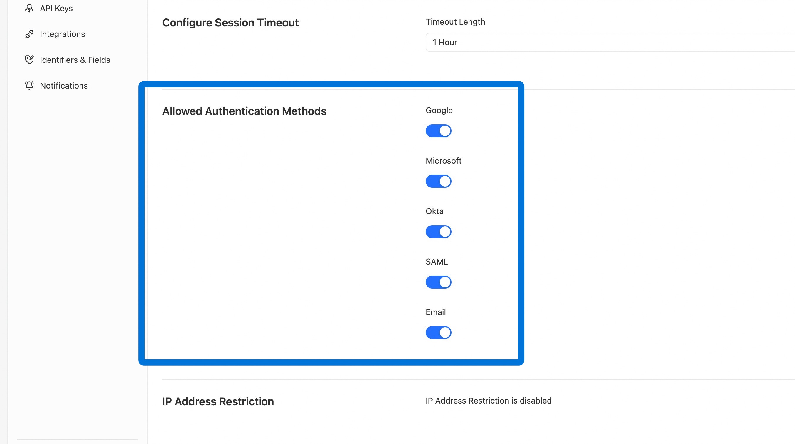 Allowed Authentication Methods list