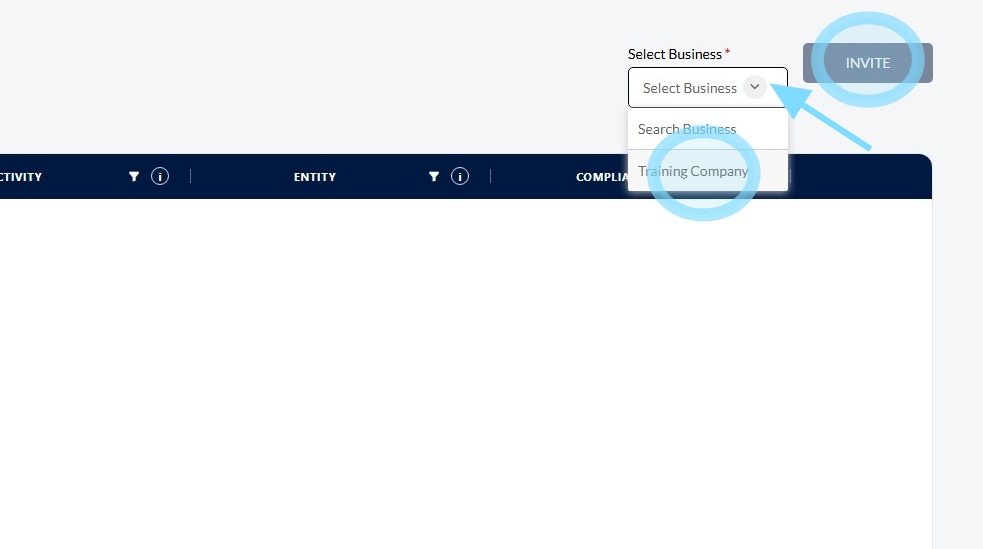 Select Business drop-down and Invite