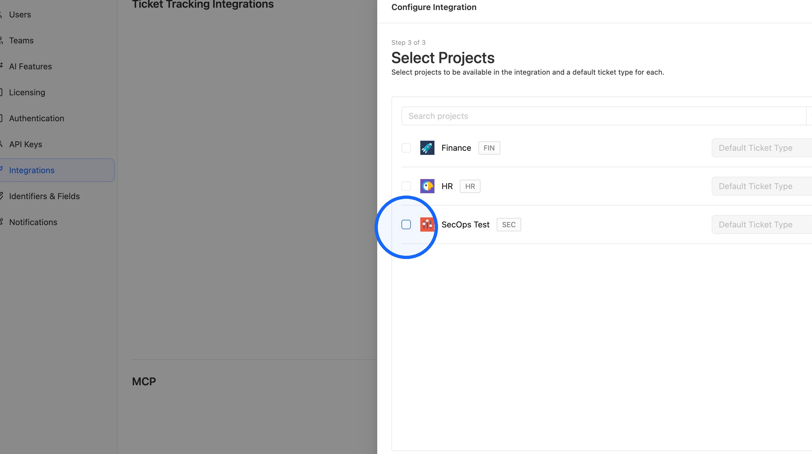 List of Jira projects available to select
