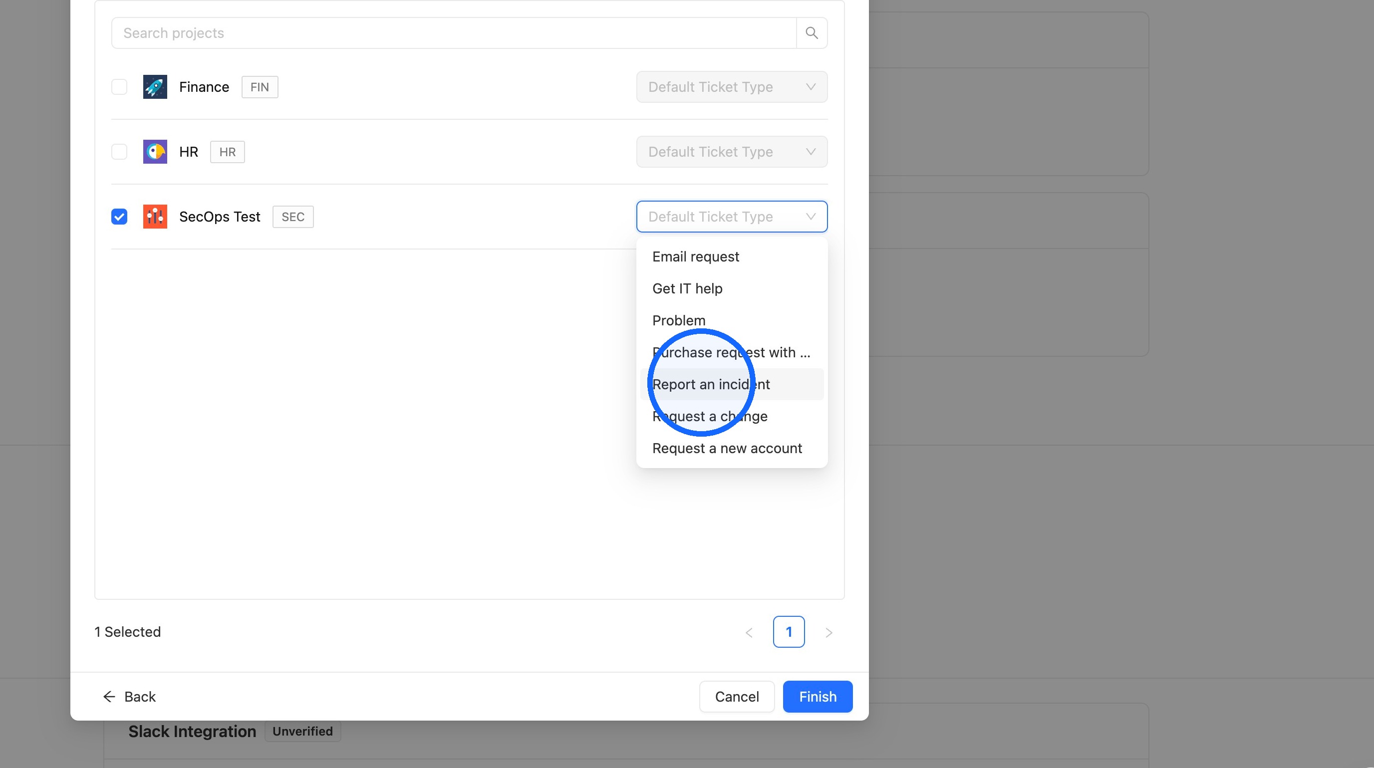 Default ticket type dropdown for a selected project