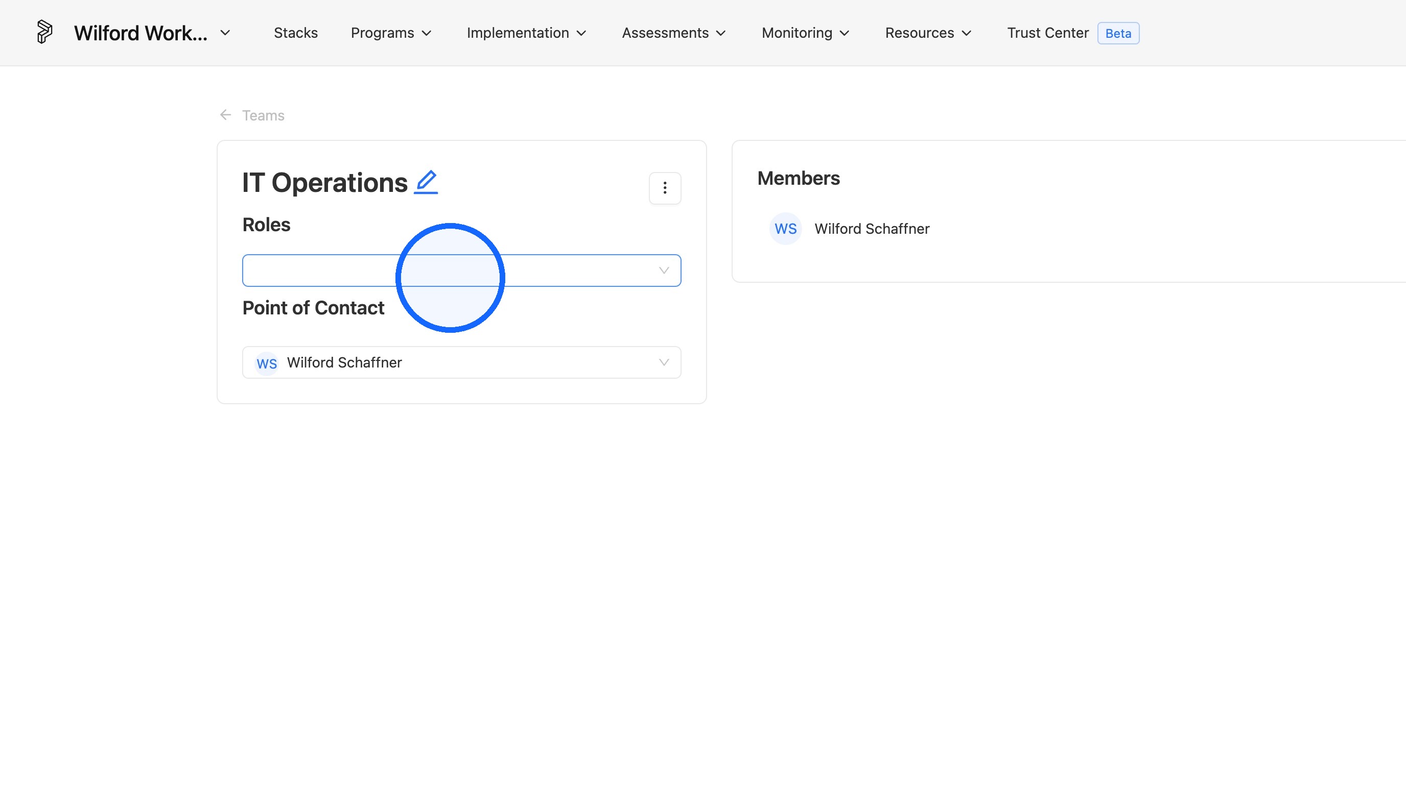 Roles dropdown on the team detail page