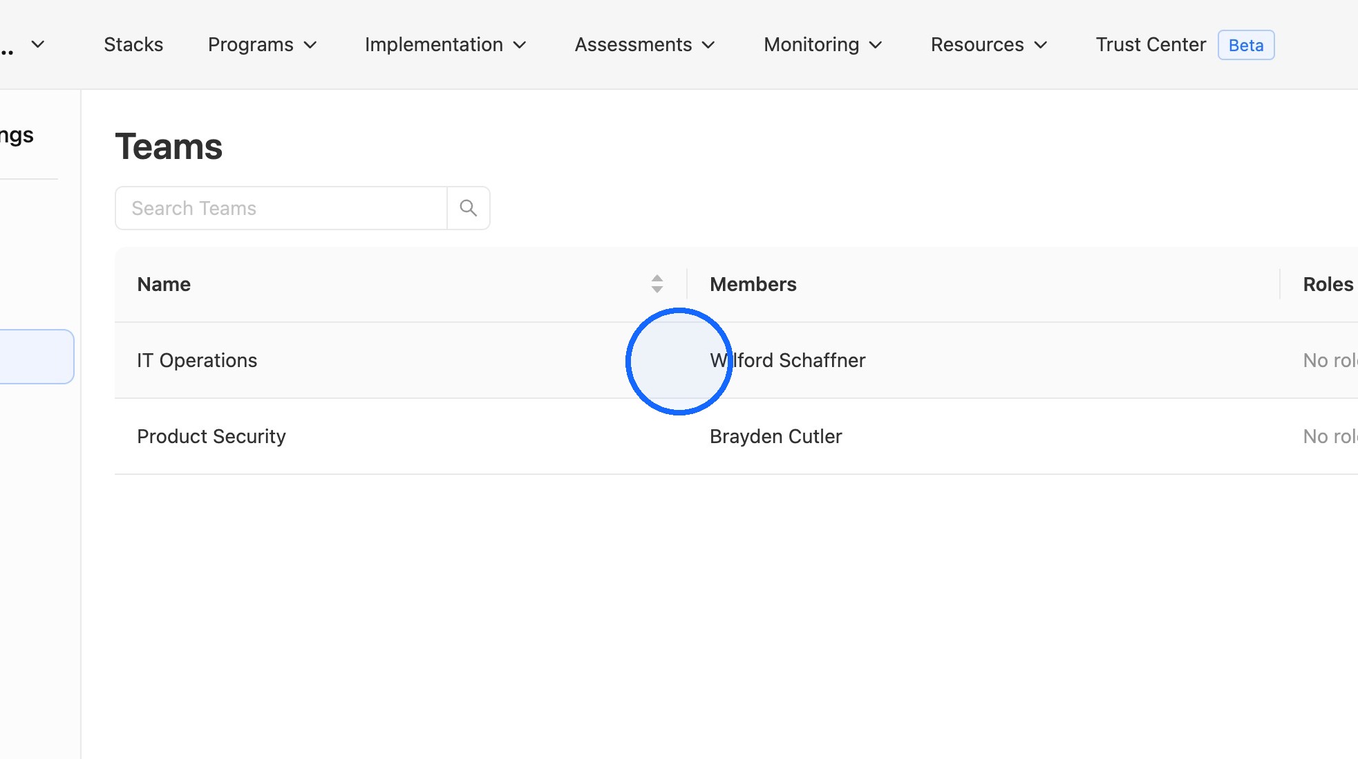 Newly created team on the Teams page
