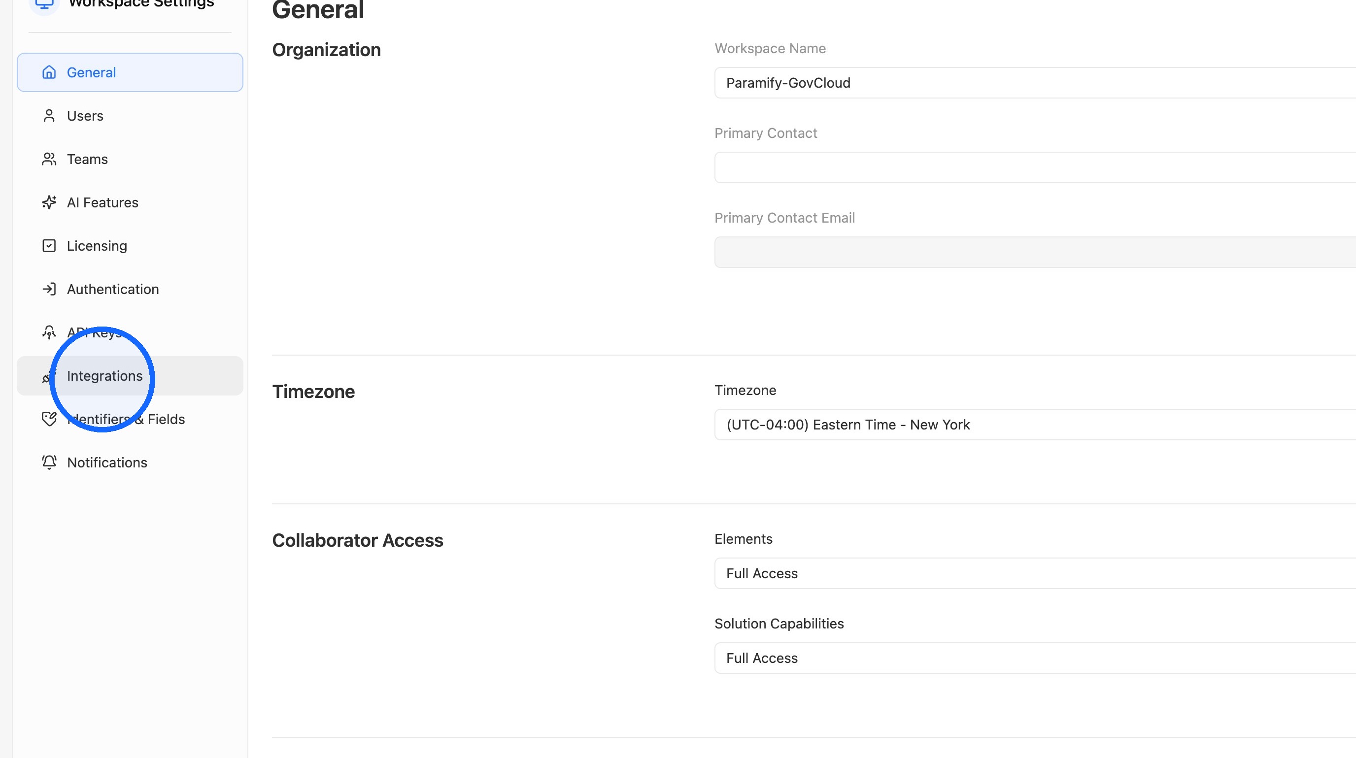 Integrations option under Workspace Settings