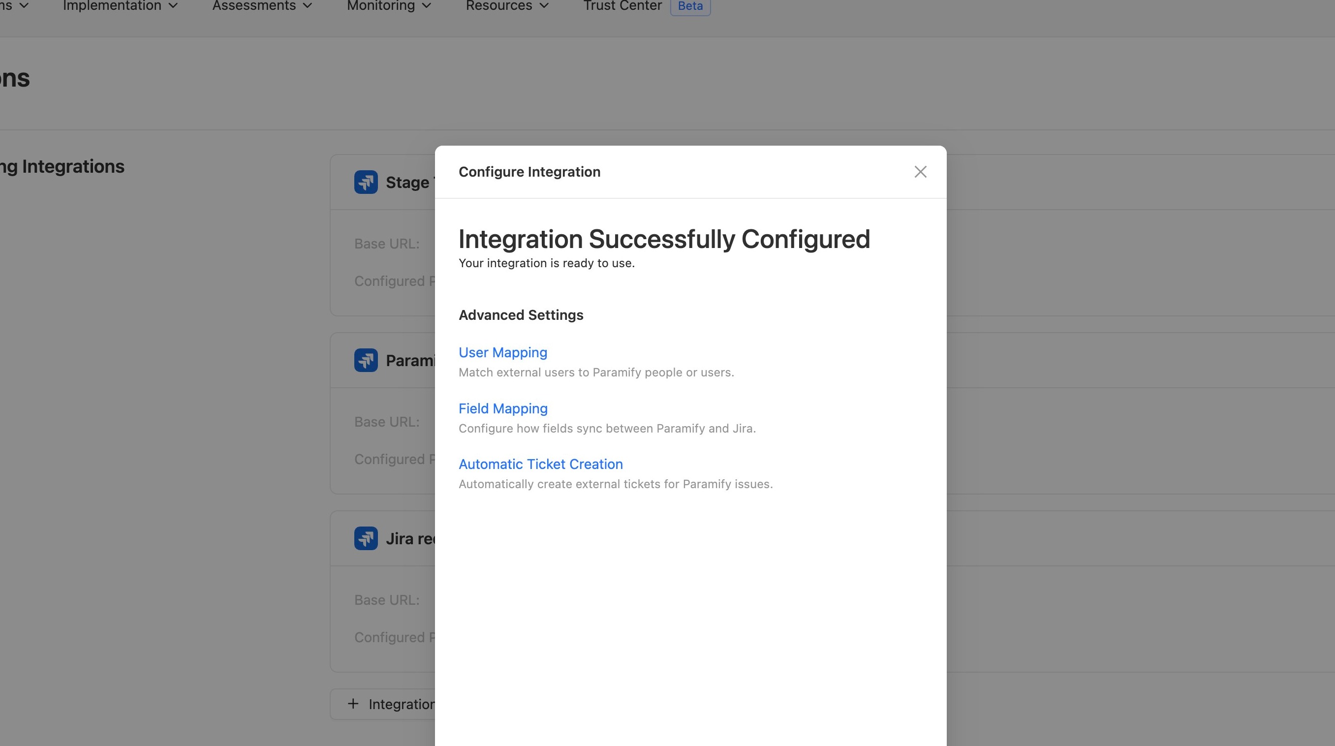 Configured Jira integration in the Integrations list