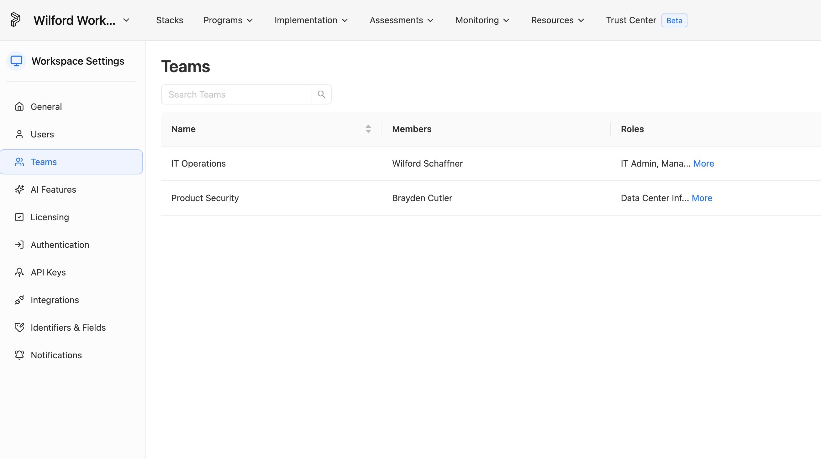 Teams page listing all created teams