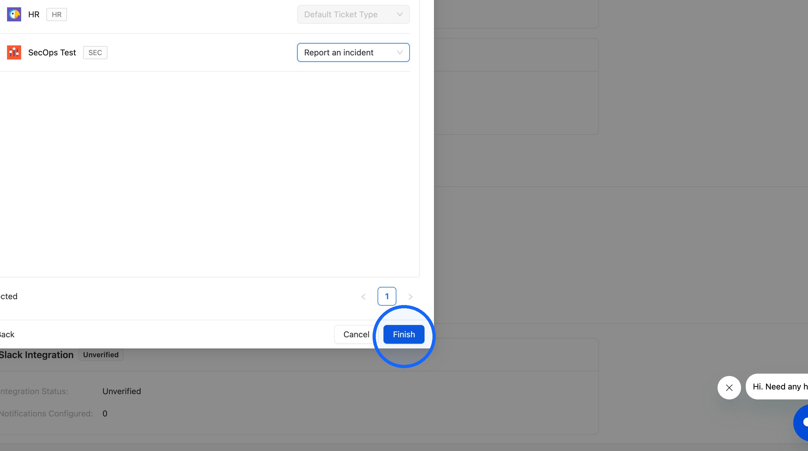 Finish button in the integration modal