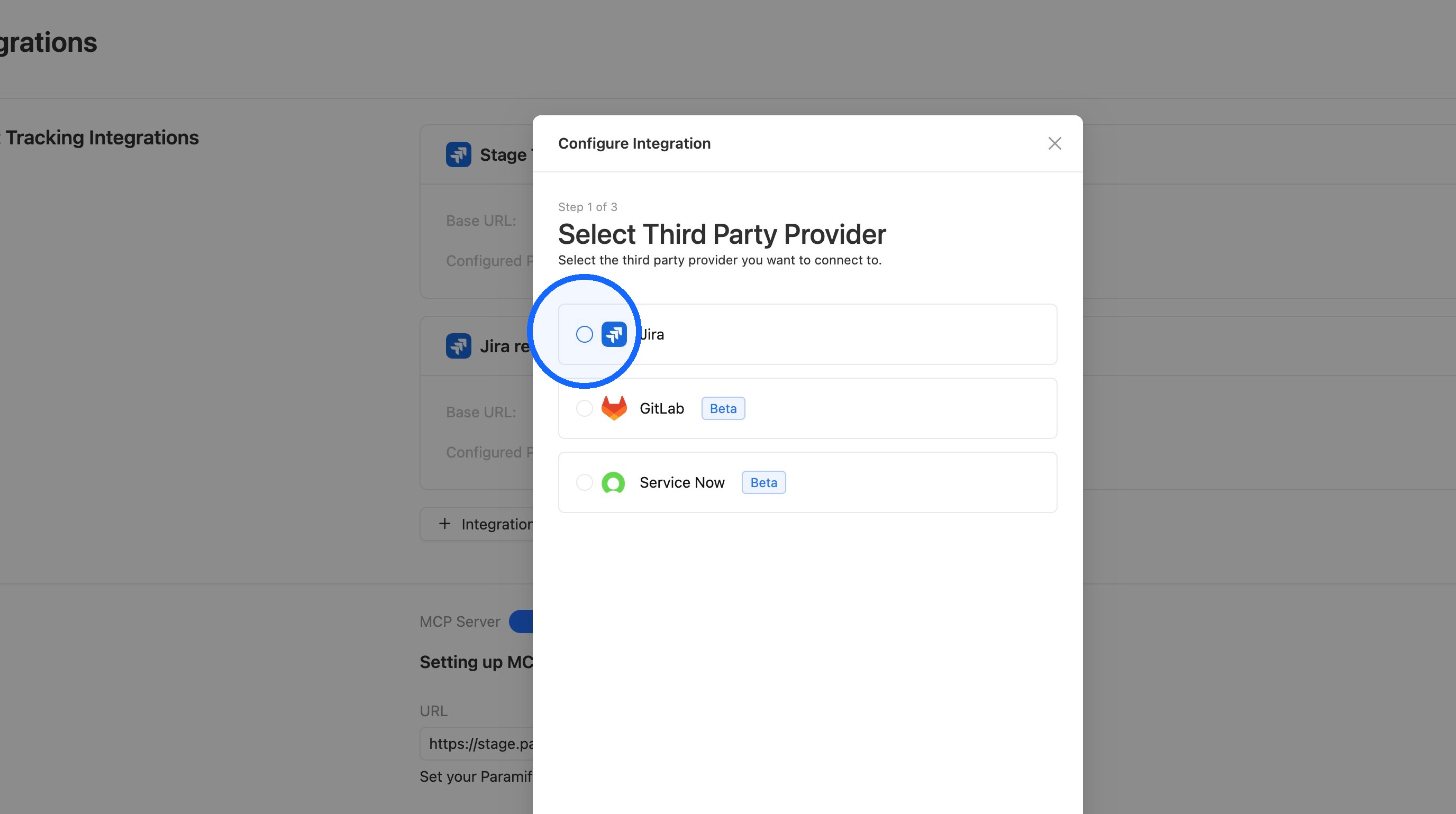 Jira selected as the third-party provider in the integration modal