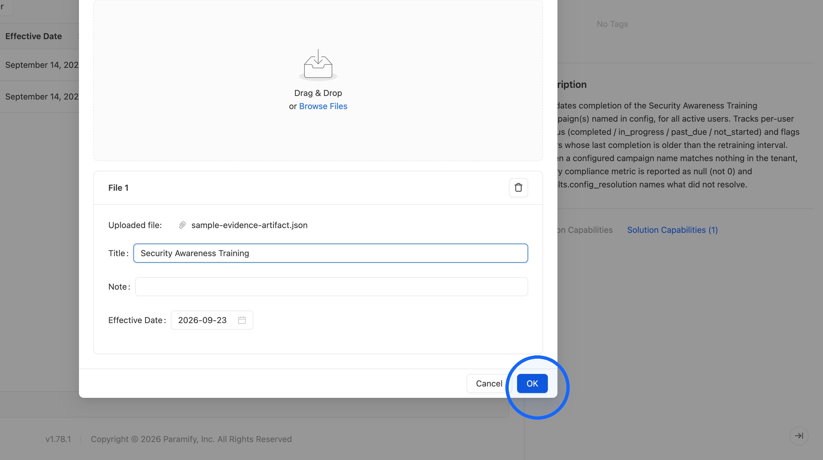 Clicking OK to confirm artifact upload