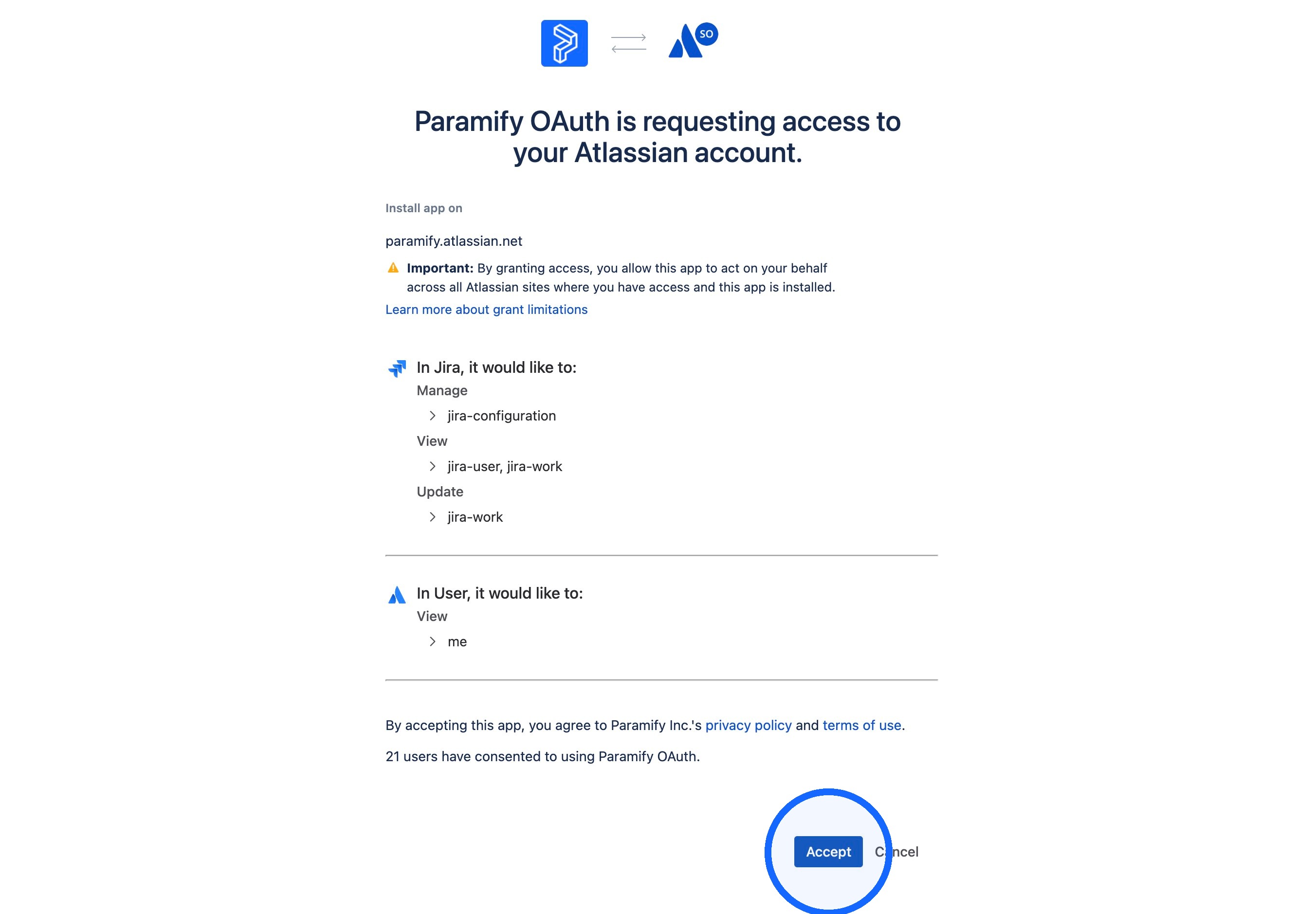 Atlassian permissions screen with the Accept button