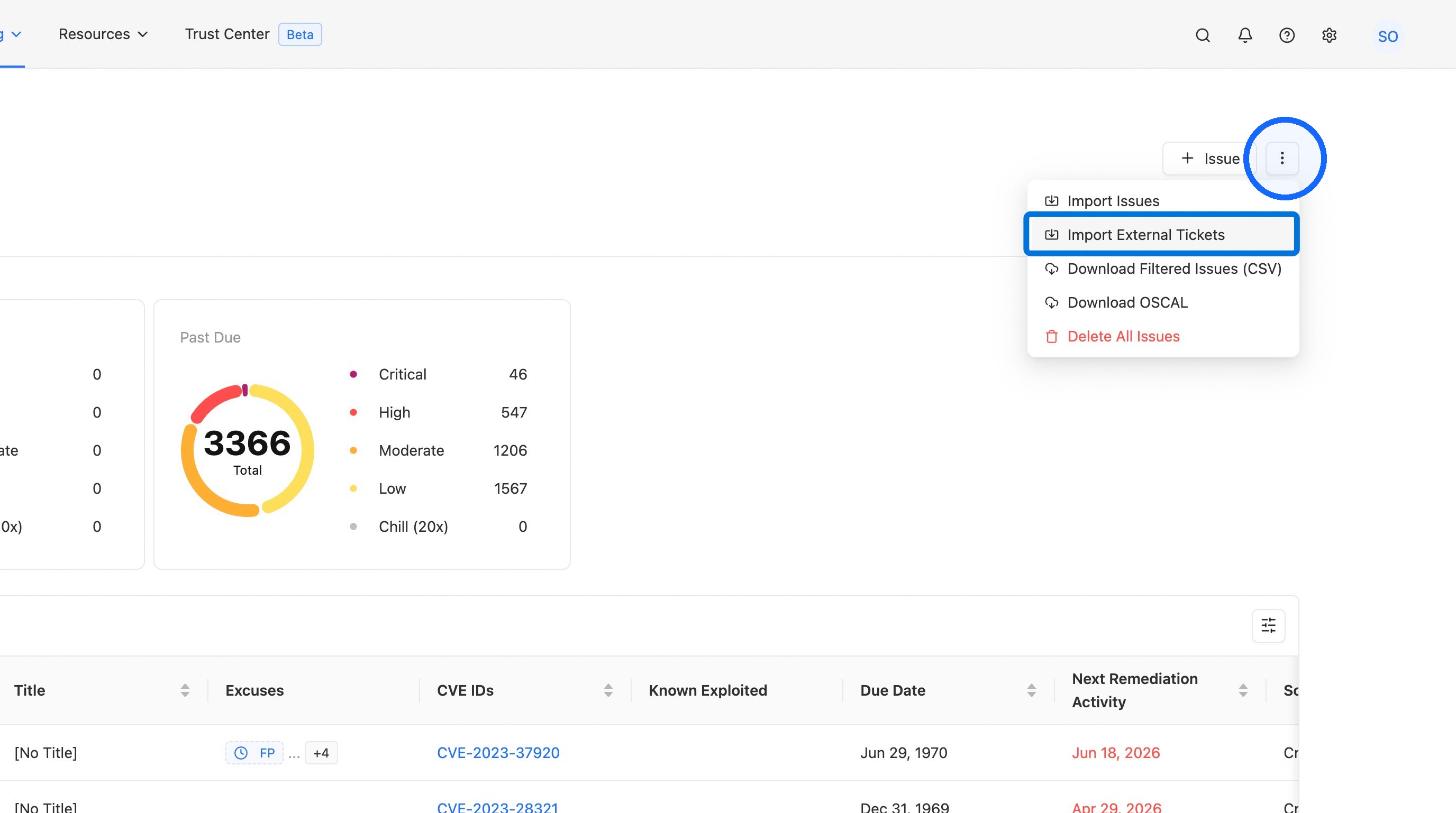 Three-dot menu with the Import External Tickets option