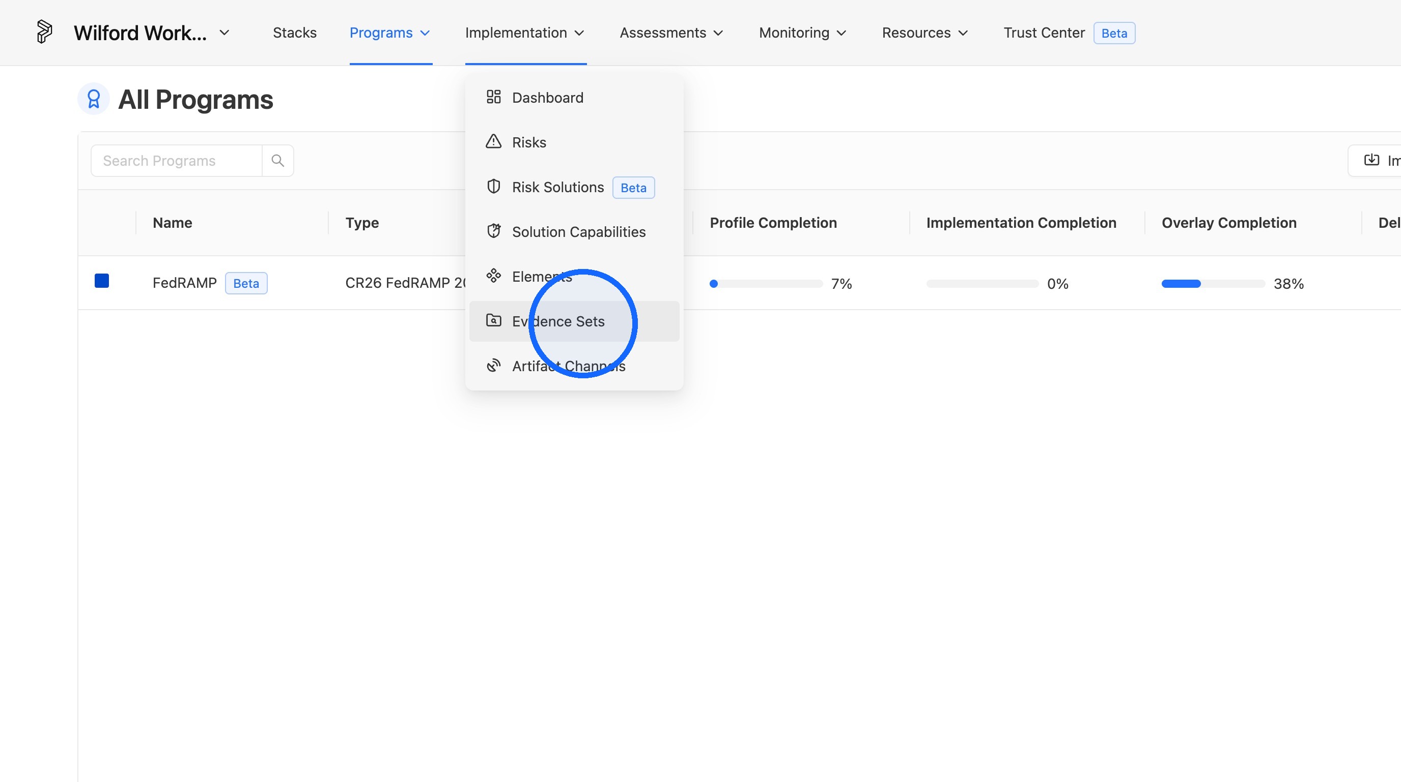 Evidence Set navigation menu option
