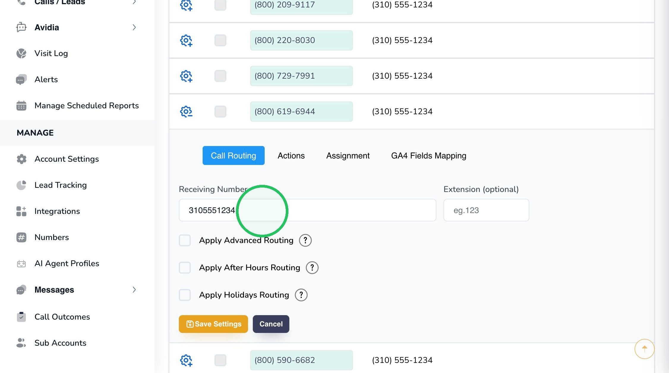 Call Routing tab,