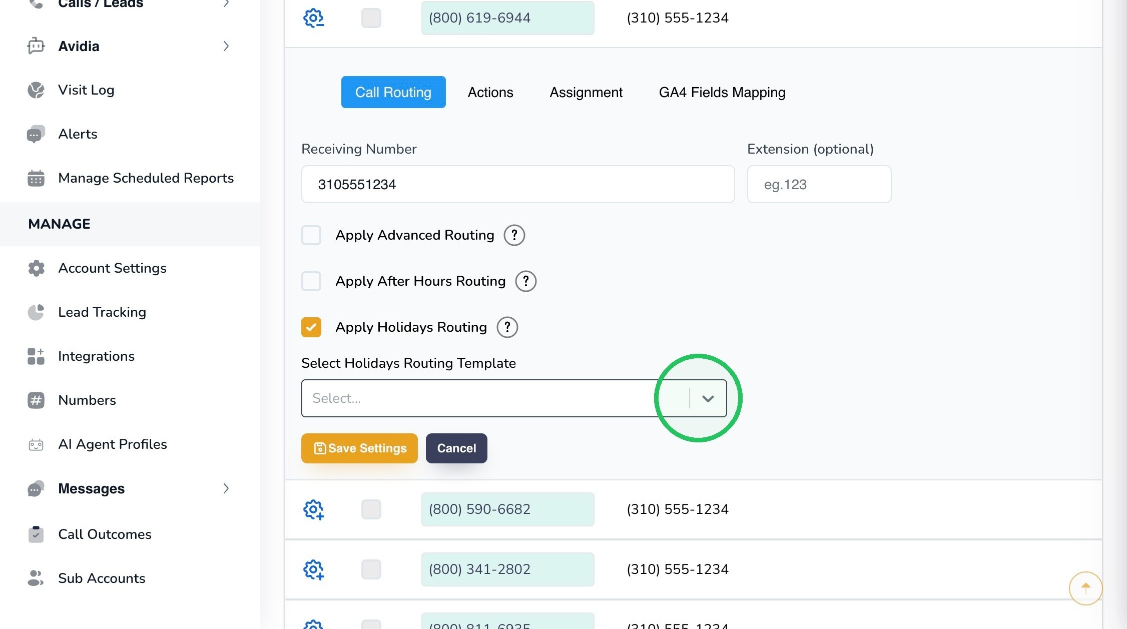 Select Holidays Routing Template