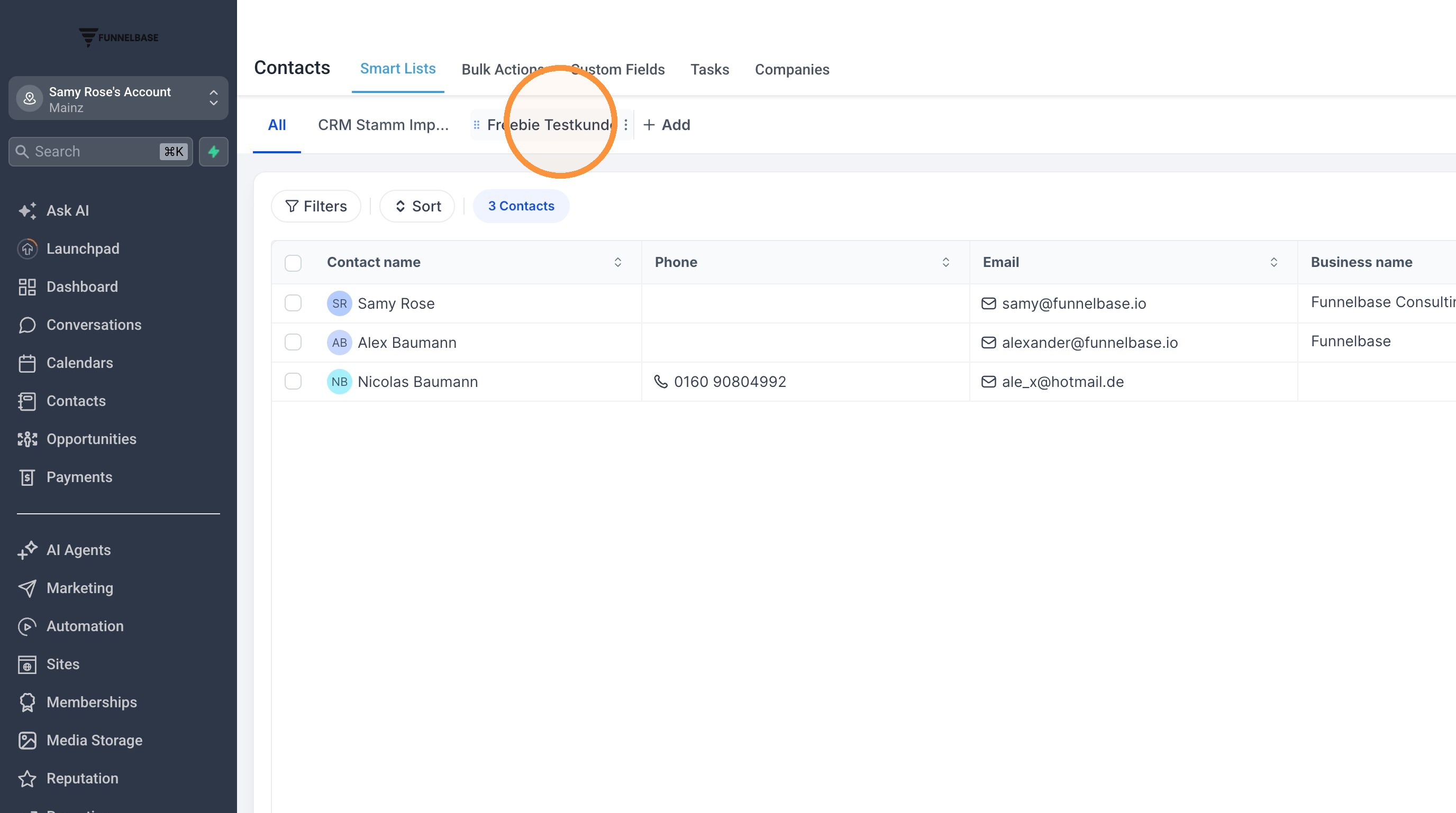 Neue Smart List als Reiter