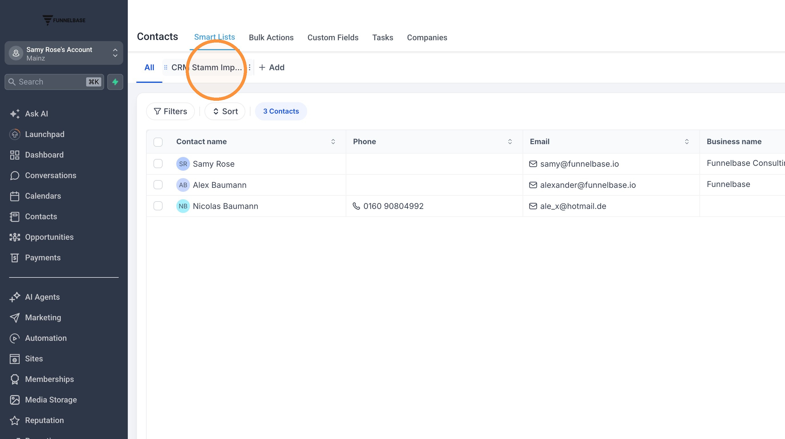 Importierte Kontakte in der Smart List