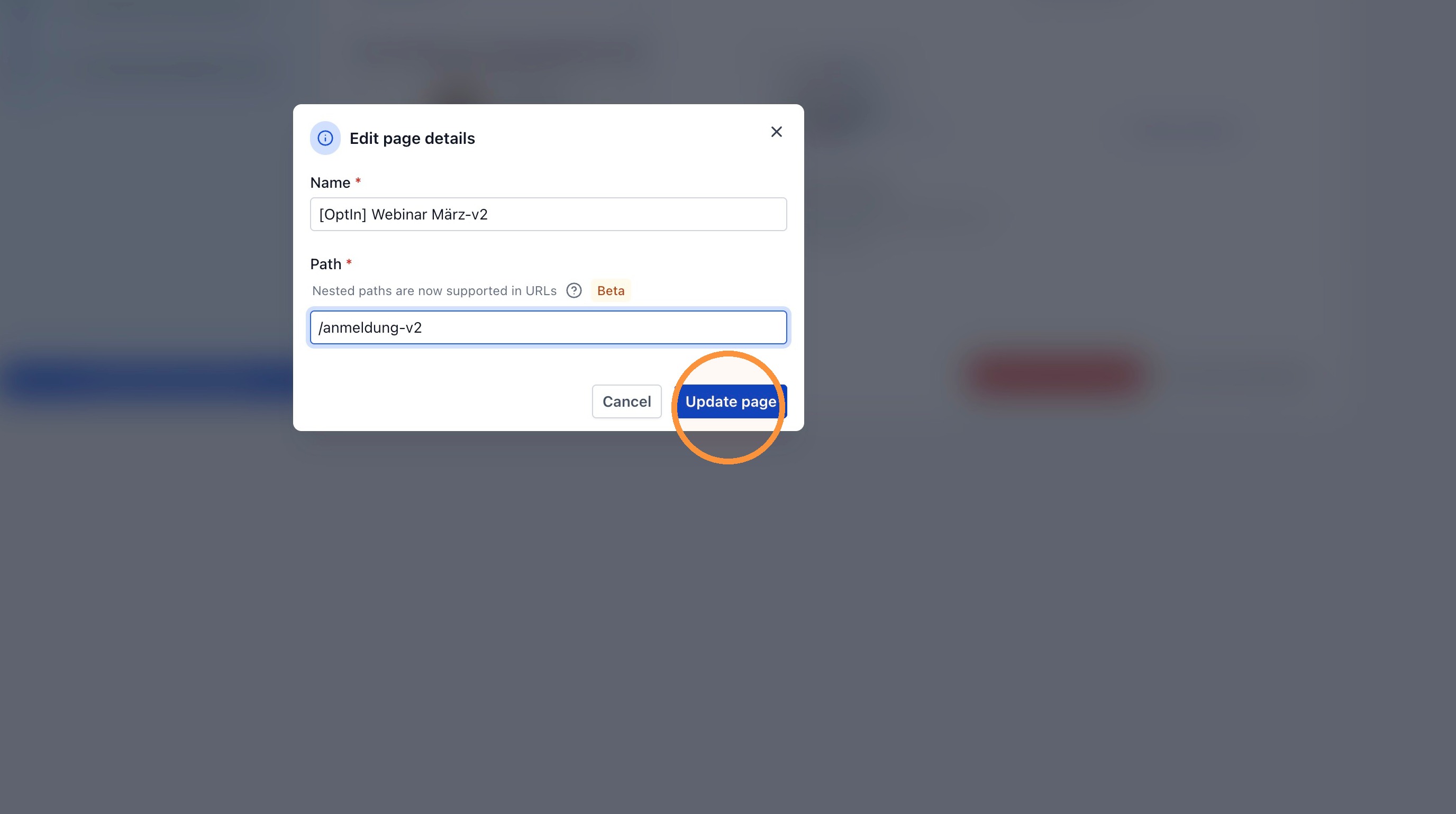 Edit page details mit eigenem Pfad