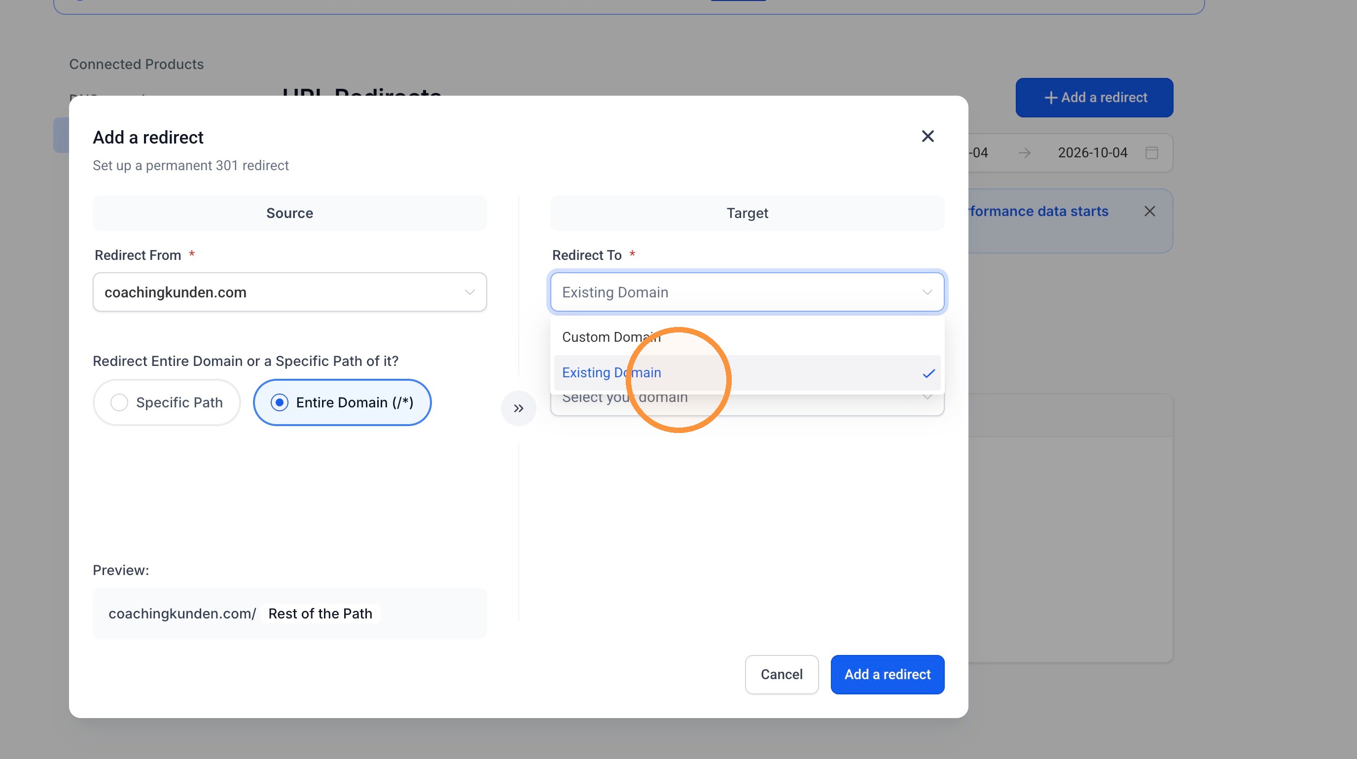 Existing Domain als Zieltyp