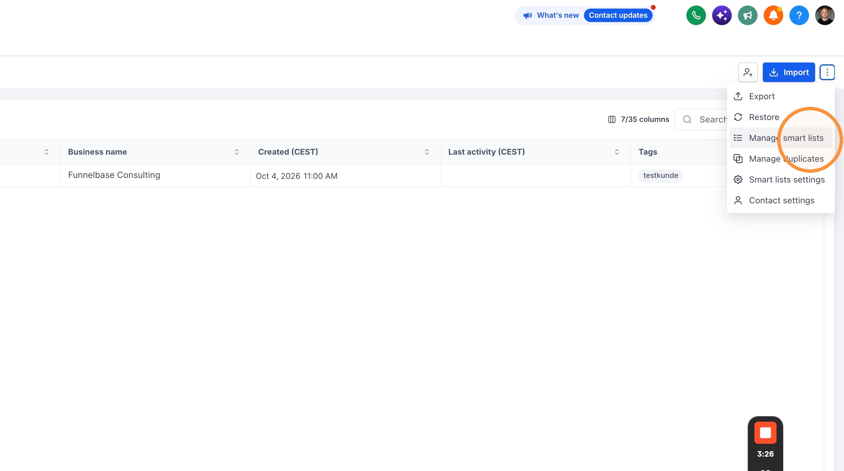 Manage smart lists im Menü