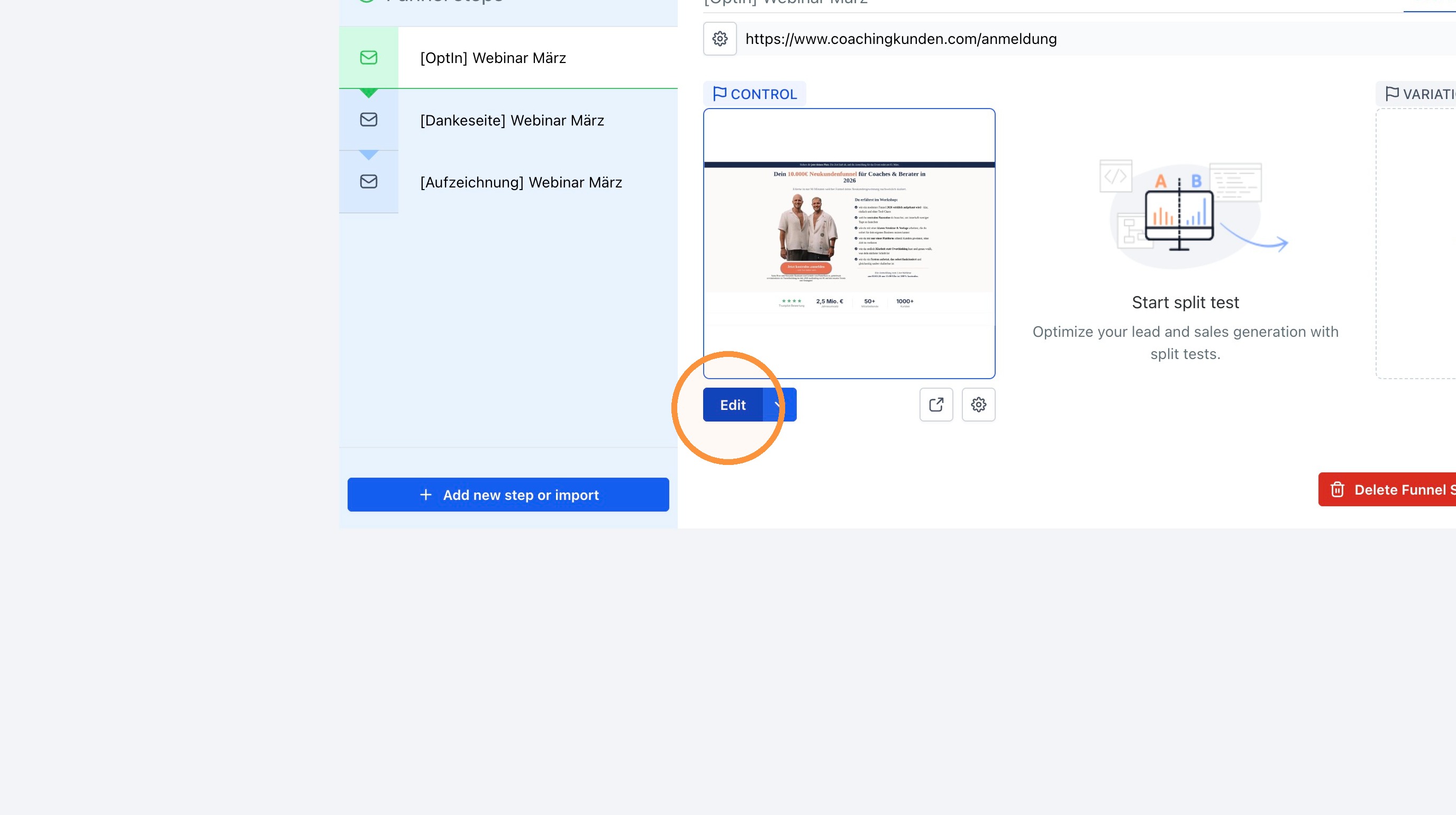 Allgemeine URL oberhalb des Steps