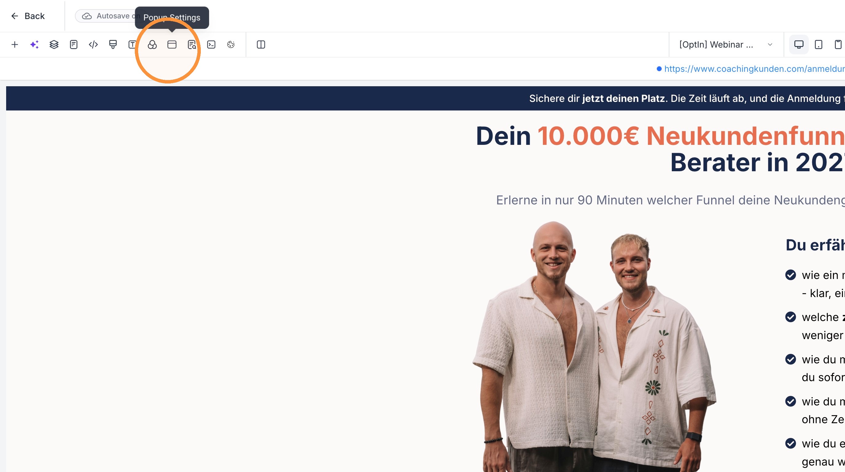 Popup Settings öffnen