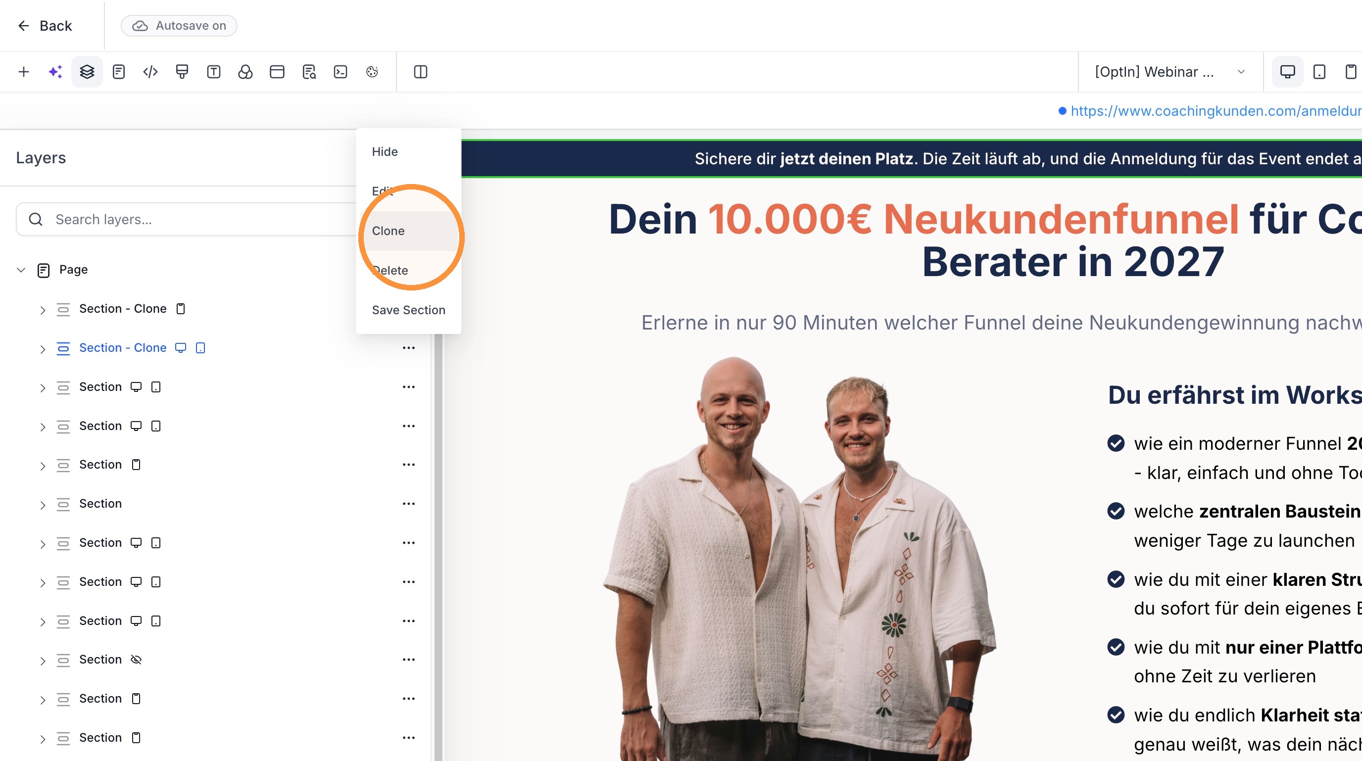 Aktionsmenü der Sektion
