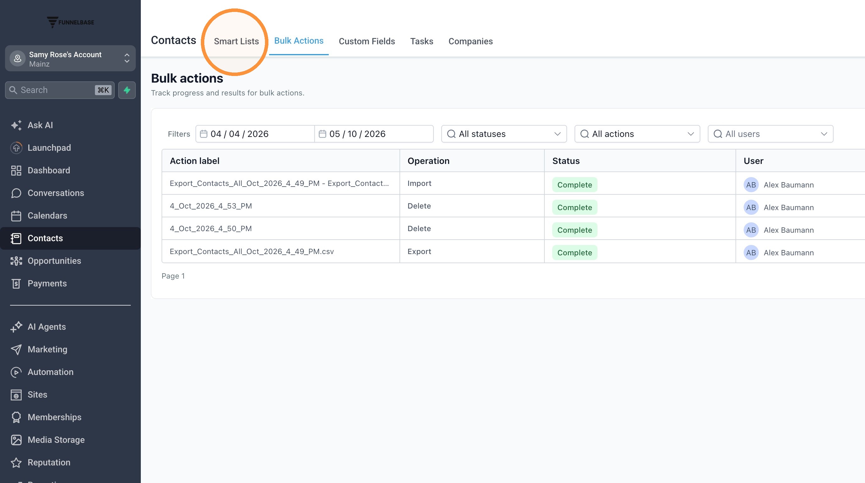 Import-Status unter Bulk Actions