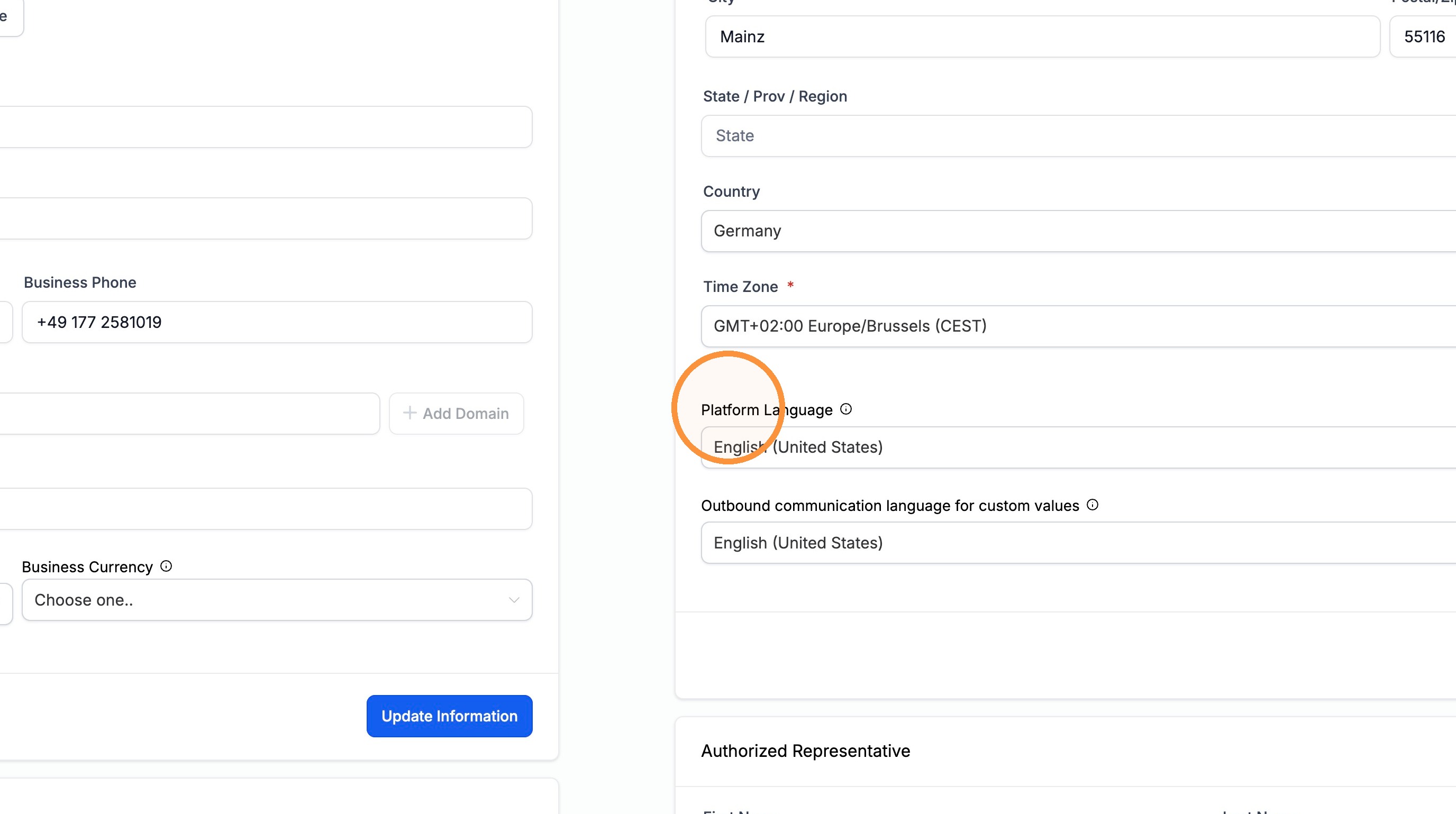 Platform Language im Business Profile