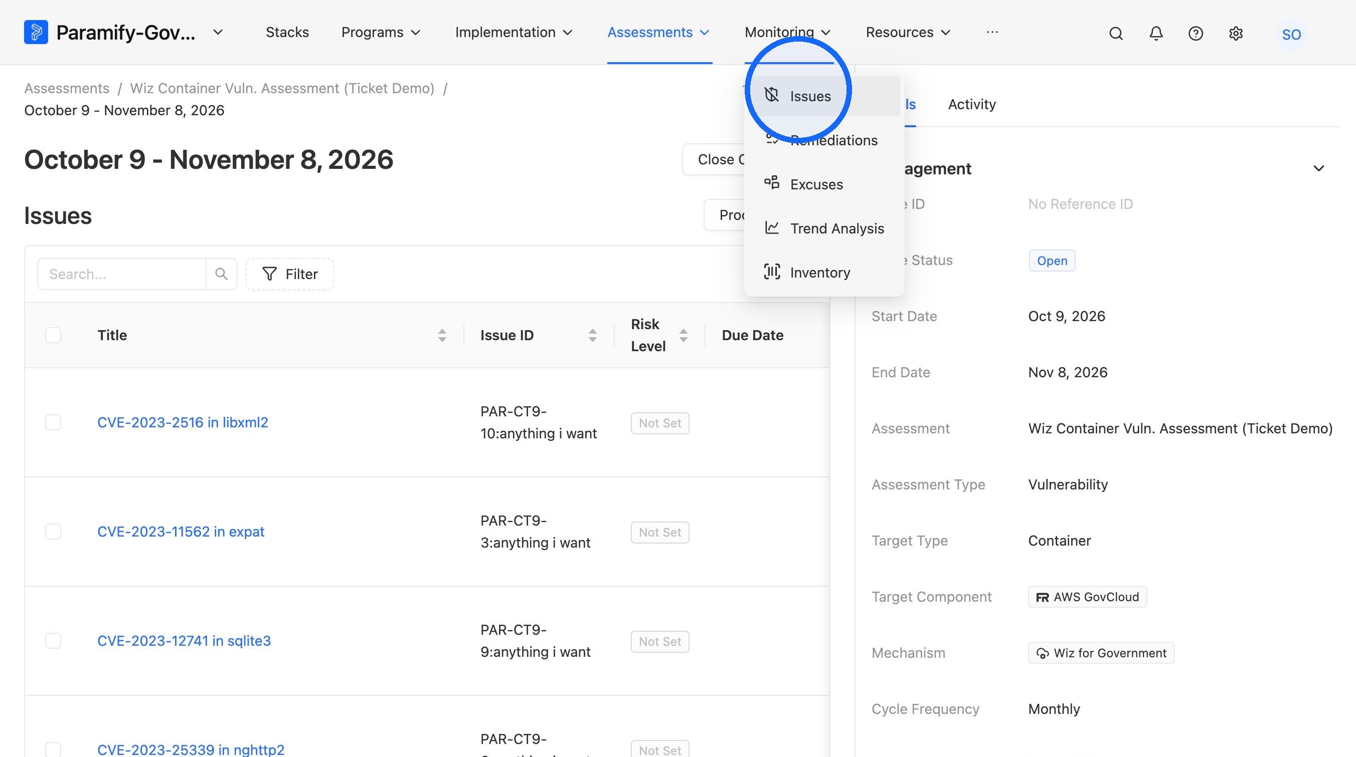 Issues option in the Monitoring drop-down menu
