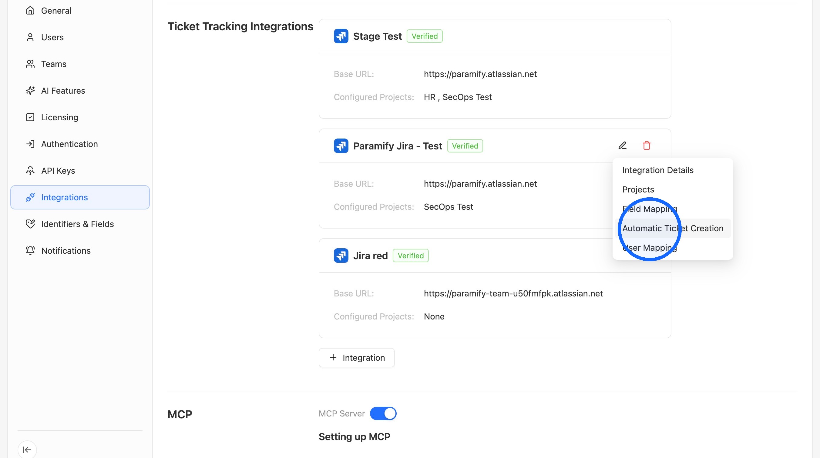 Automatic Ticket Creation option in the Integration settings