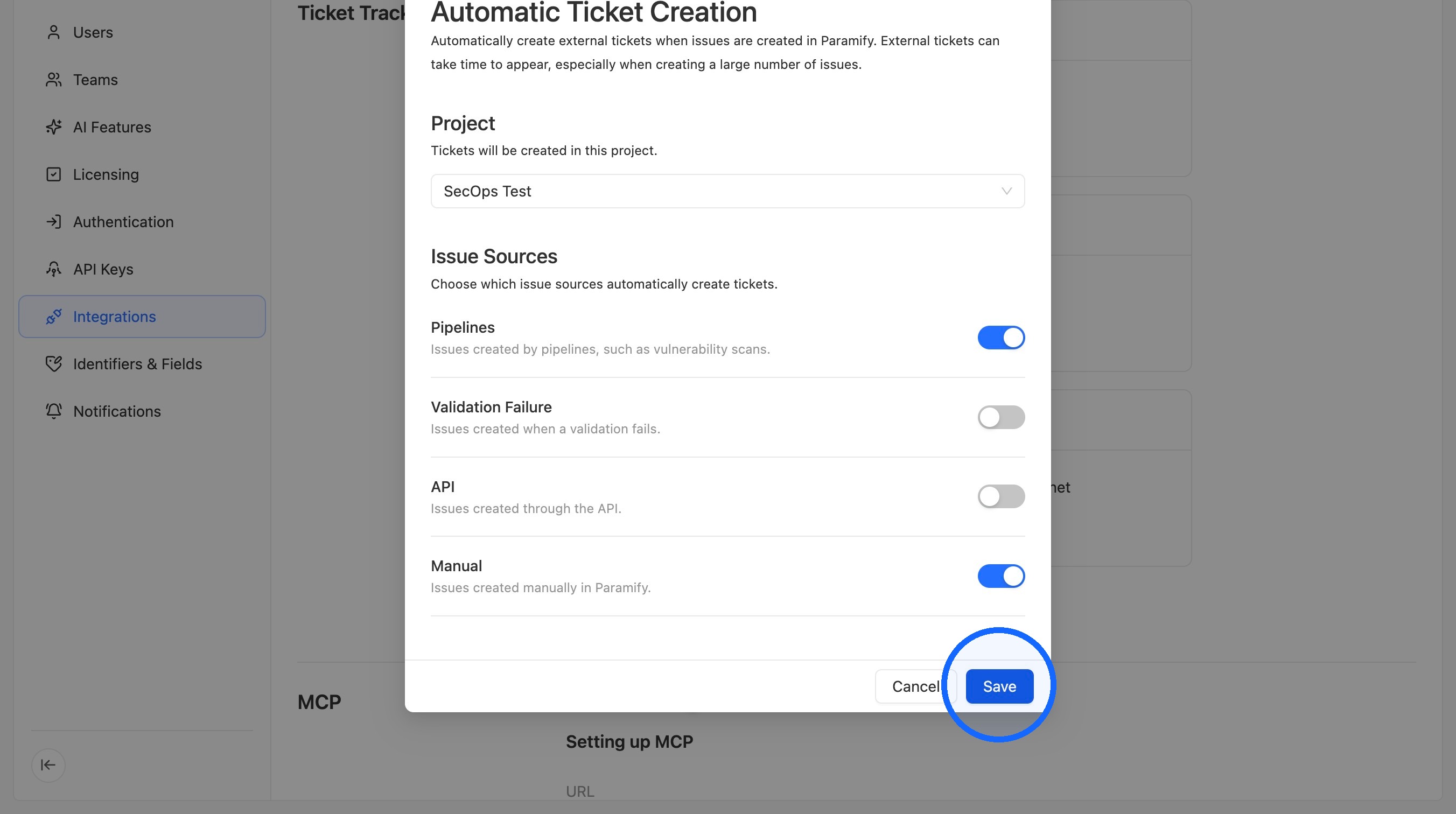 Save button on the Integration settings