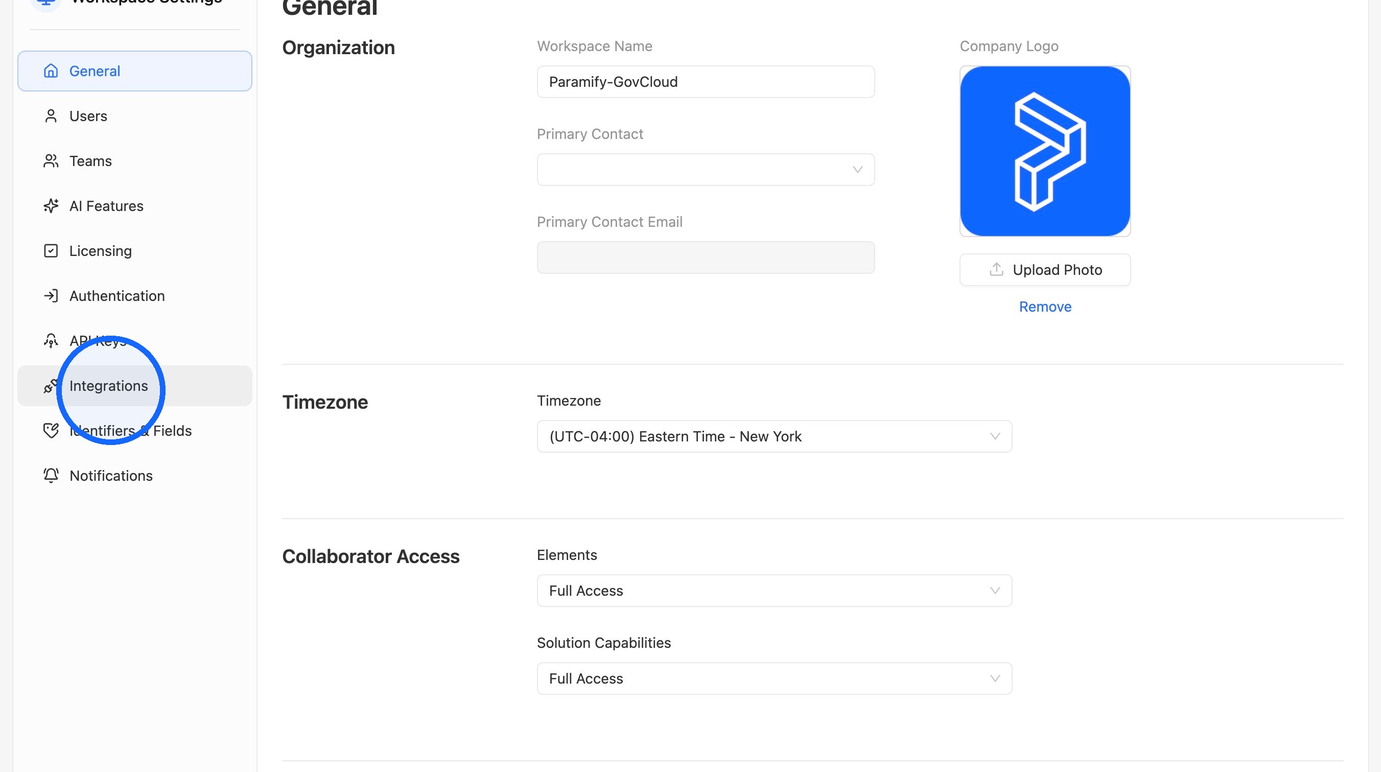 Integrations option in Settings