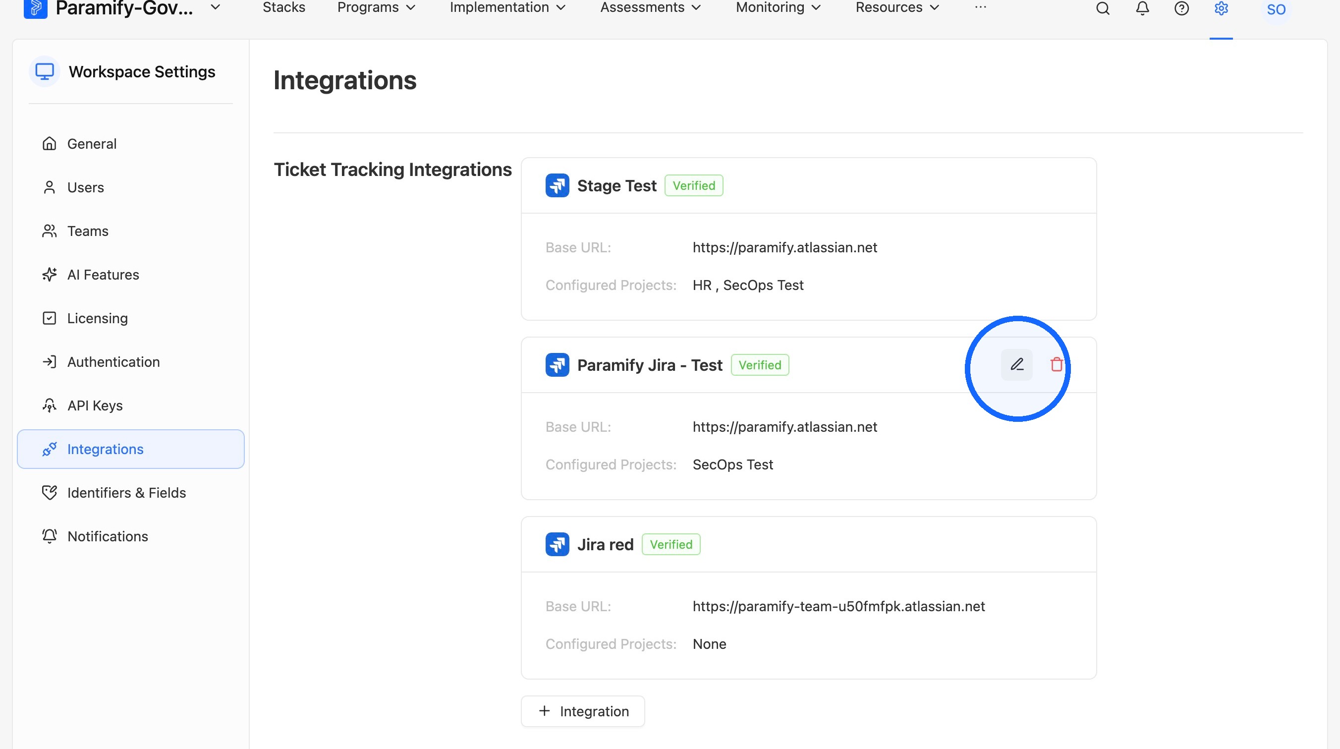 Edit Integration button on a Jira Integration