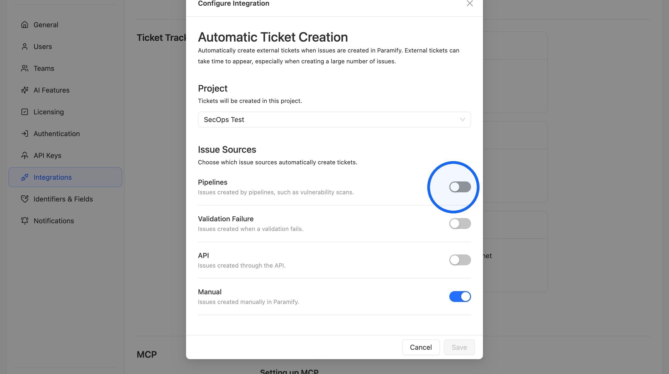 Pipelines toggle under Automatic Ticket Creation