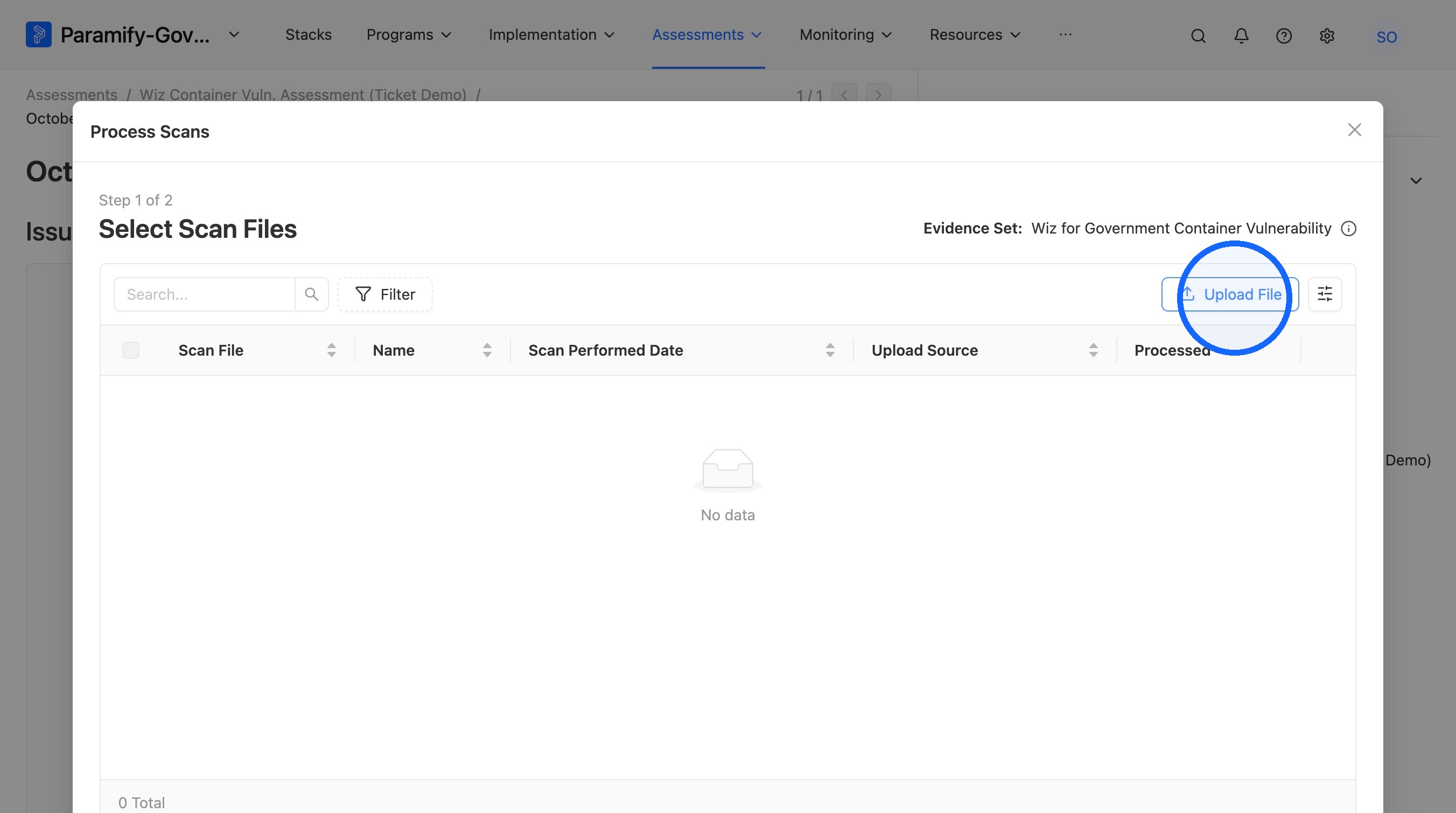 Upload File button in the Process Scans window