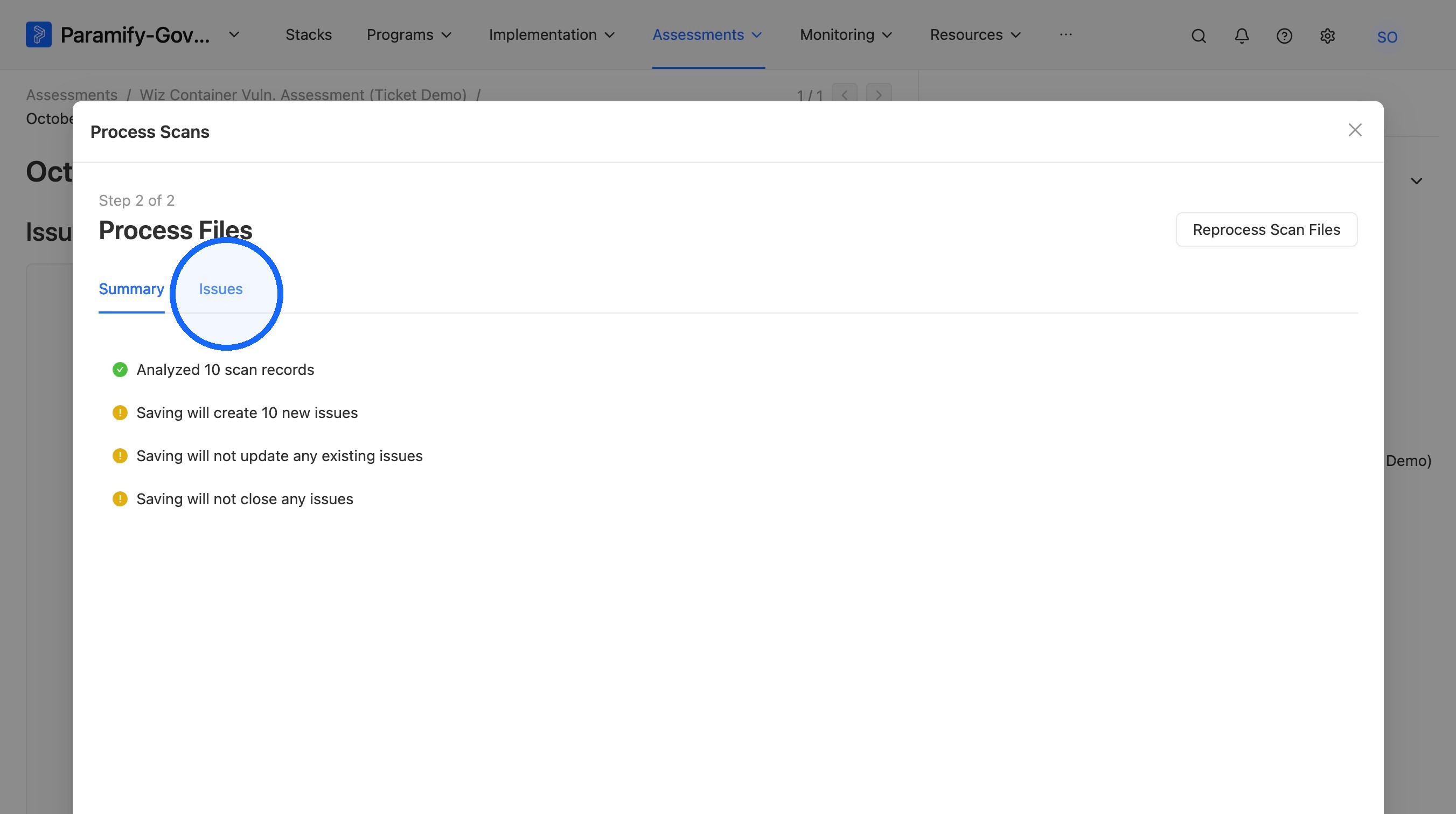 Issues tab showing the processed Issues