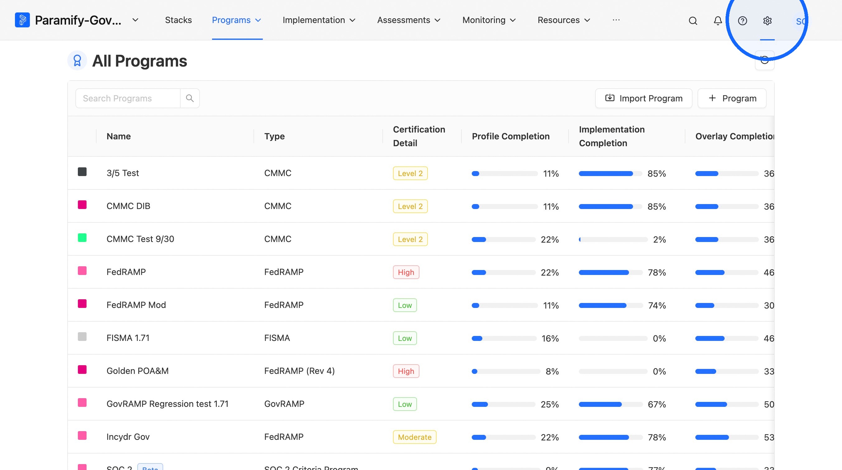 Settings in the Paramify navigation
