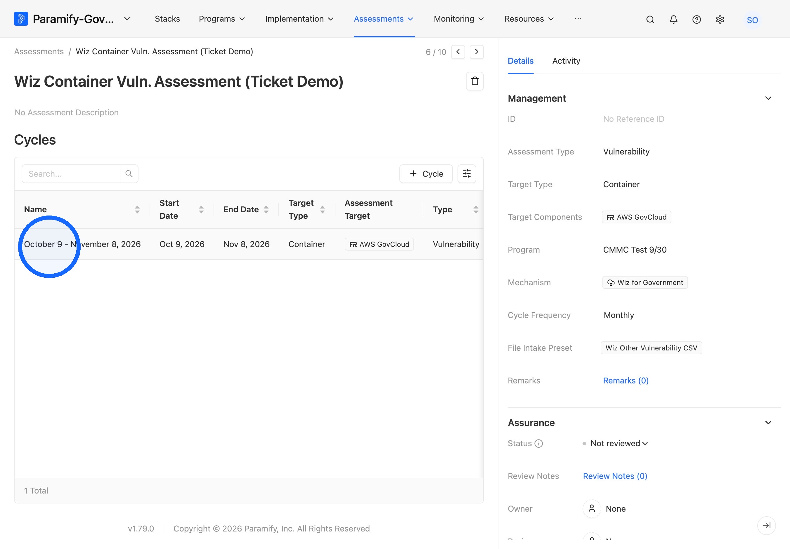 Cycle selected within the Assessment