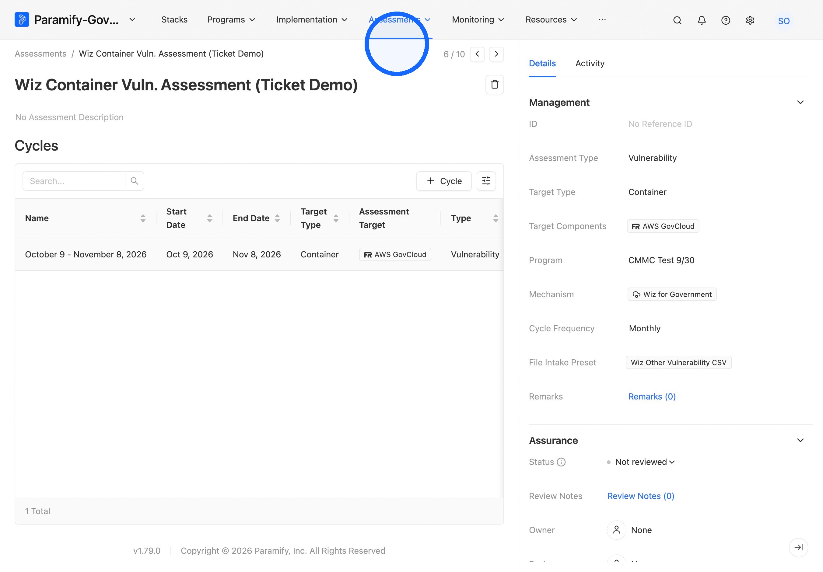 Assessment selected from the Assessments list