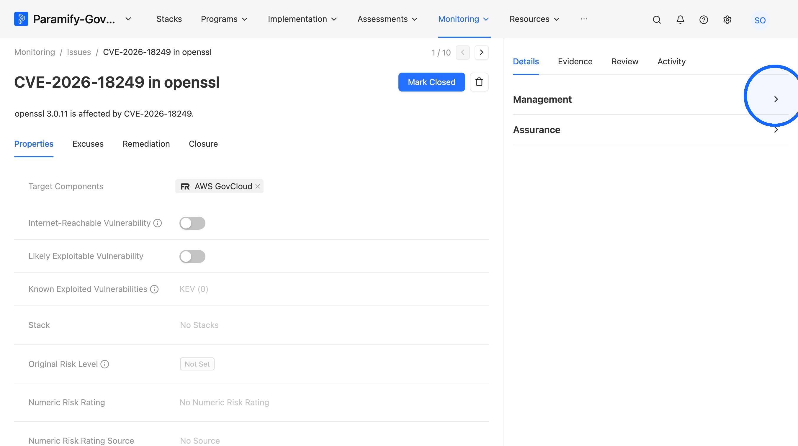 Management panel expanded on the Issue