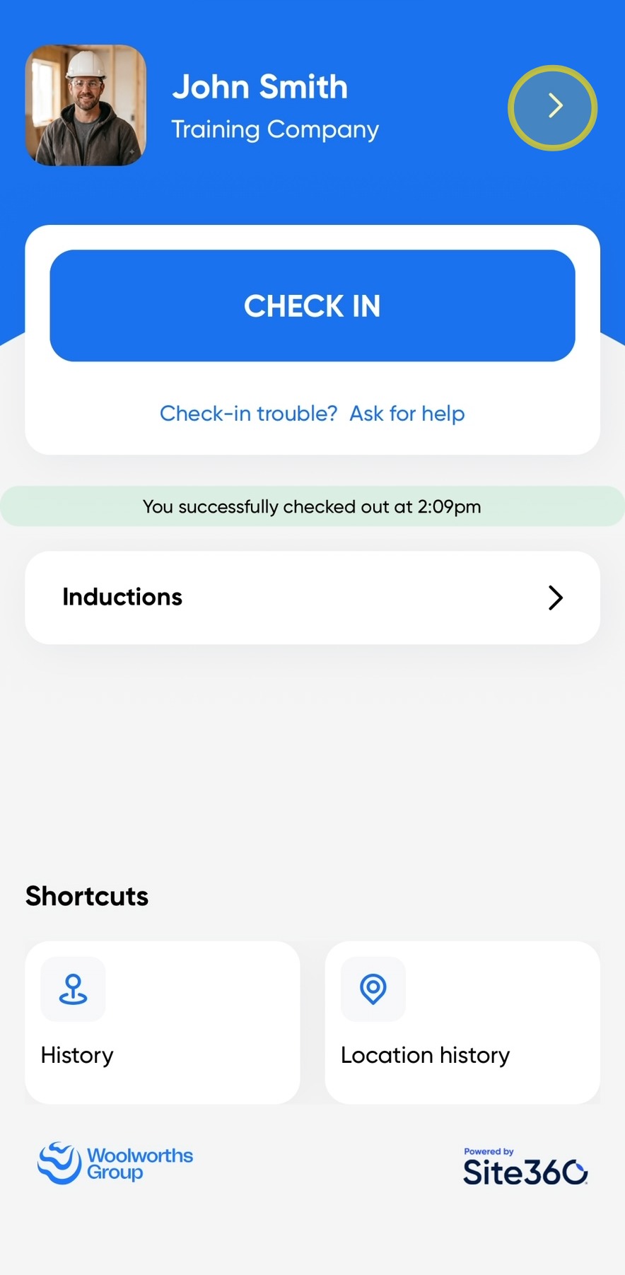 Profile arrow in top-right corner