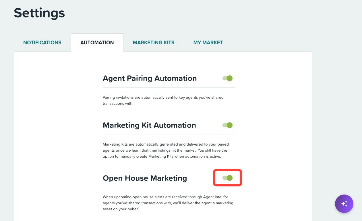 Automation tab in Settings showing the Open House toggle switch