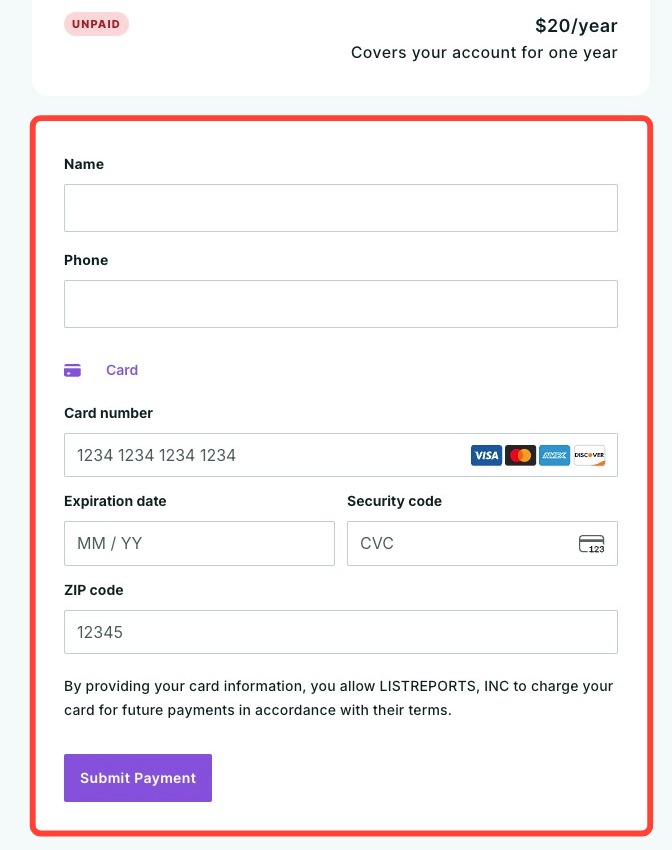 Payment form with the Name, Phone, and card fields