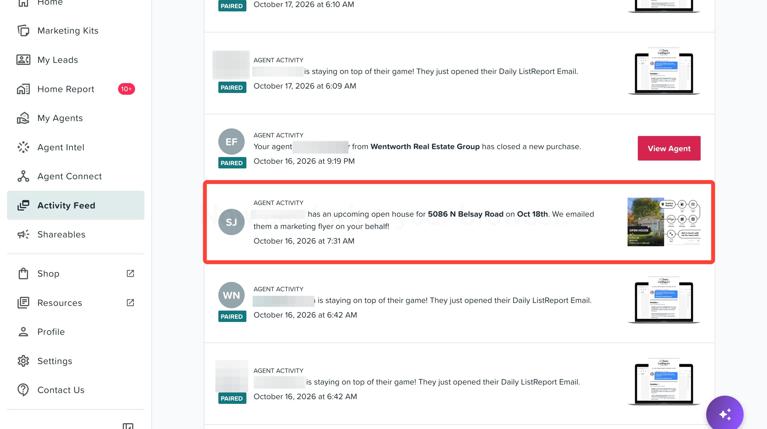 Activity Feed showing an Open House automation event