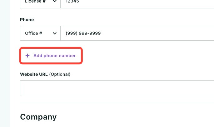 Phone number fields with the type selector and the X remove icon