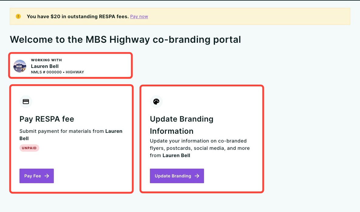 Agent Portal dashboard showing the Working With card, Pay RESPA fee card, and Update Branding Information card